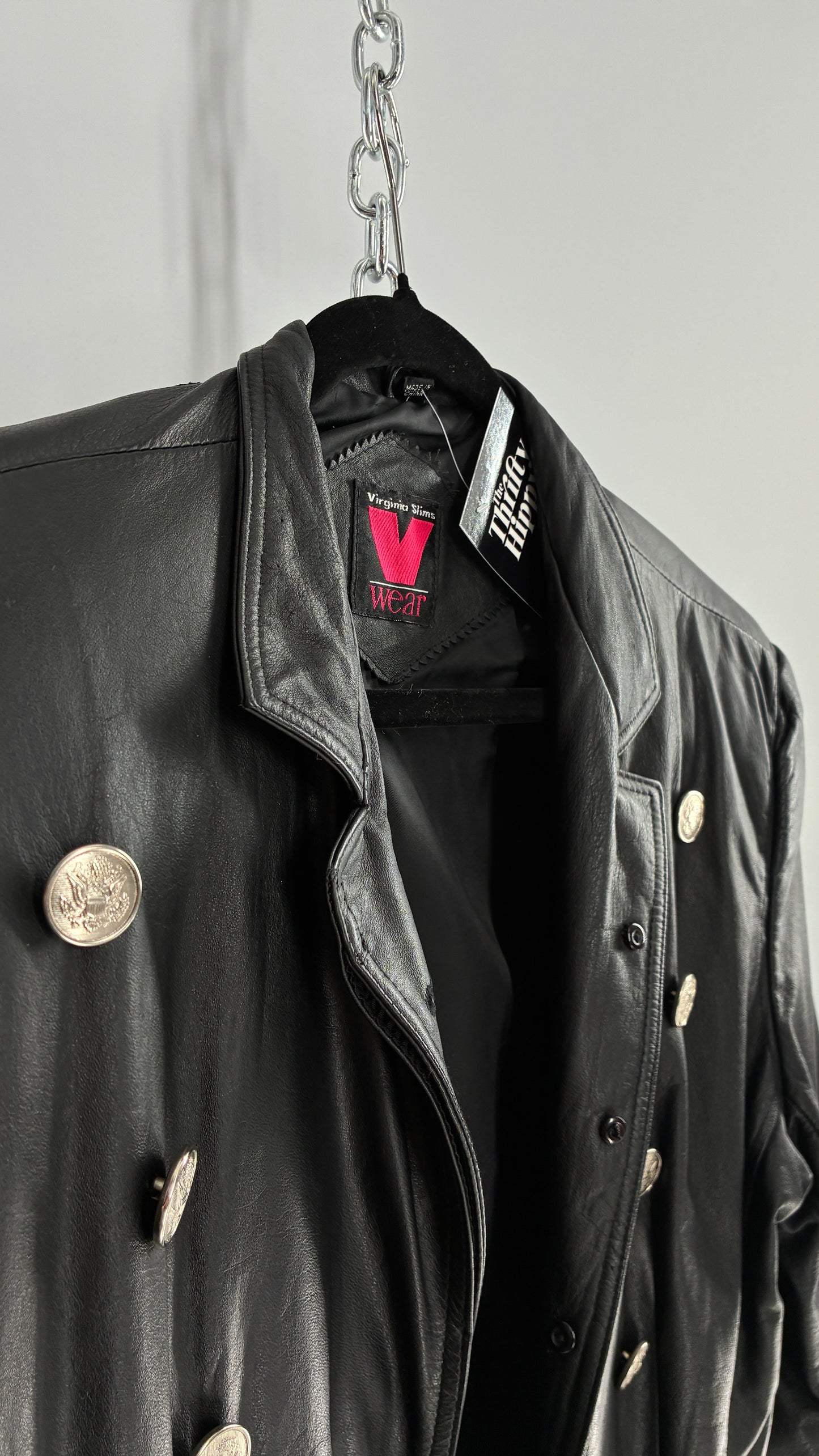 Vintage Virginia Slims Black Genuine Leather Military Jacket with Double Breasted Embossed Buttons (Large)