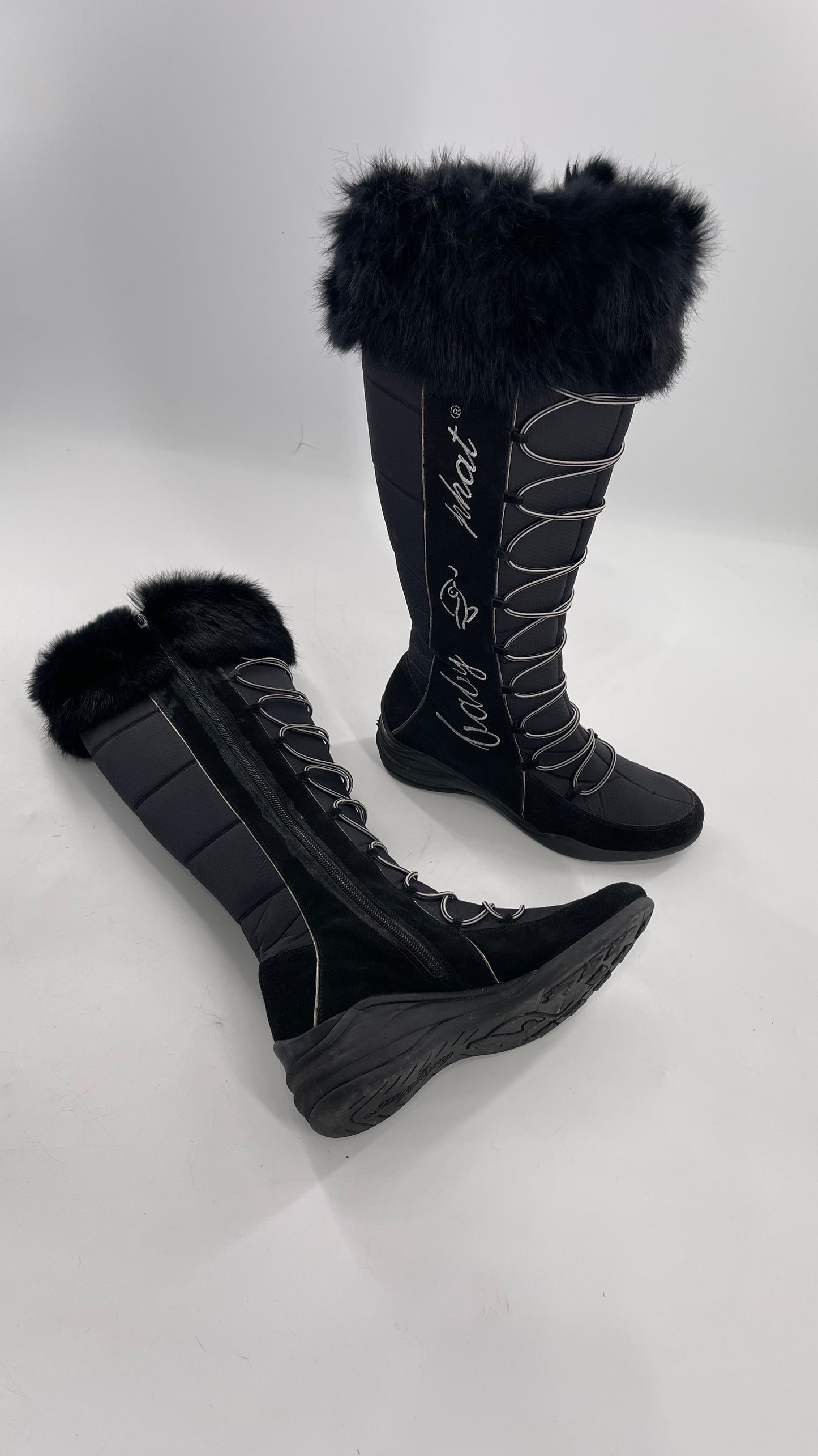 Baby Phat Black Knee High Boots with Rabbit Fur Trim, Bungee Cord Ties, and Embroidered Logo Design (8)