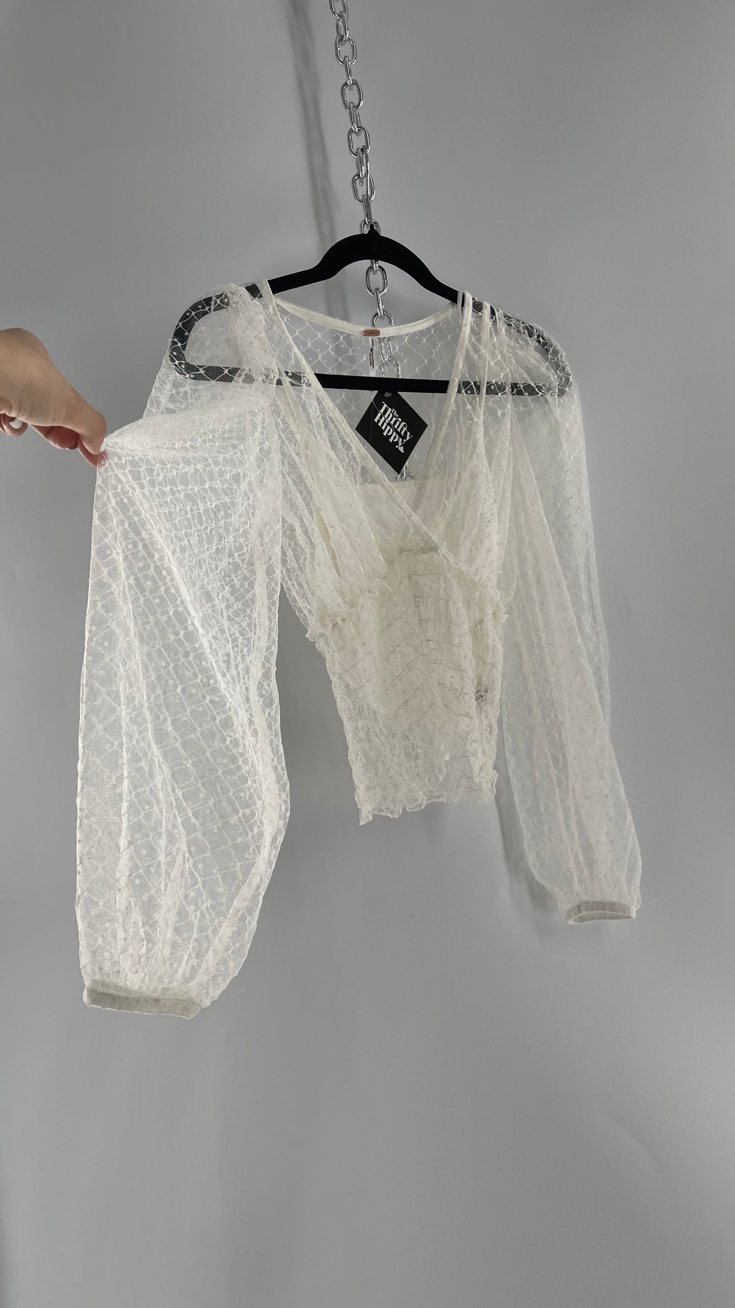 Free People White Embroidered Mesh Blouse with Keyhole Back and Balloon Sleeves (XS)