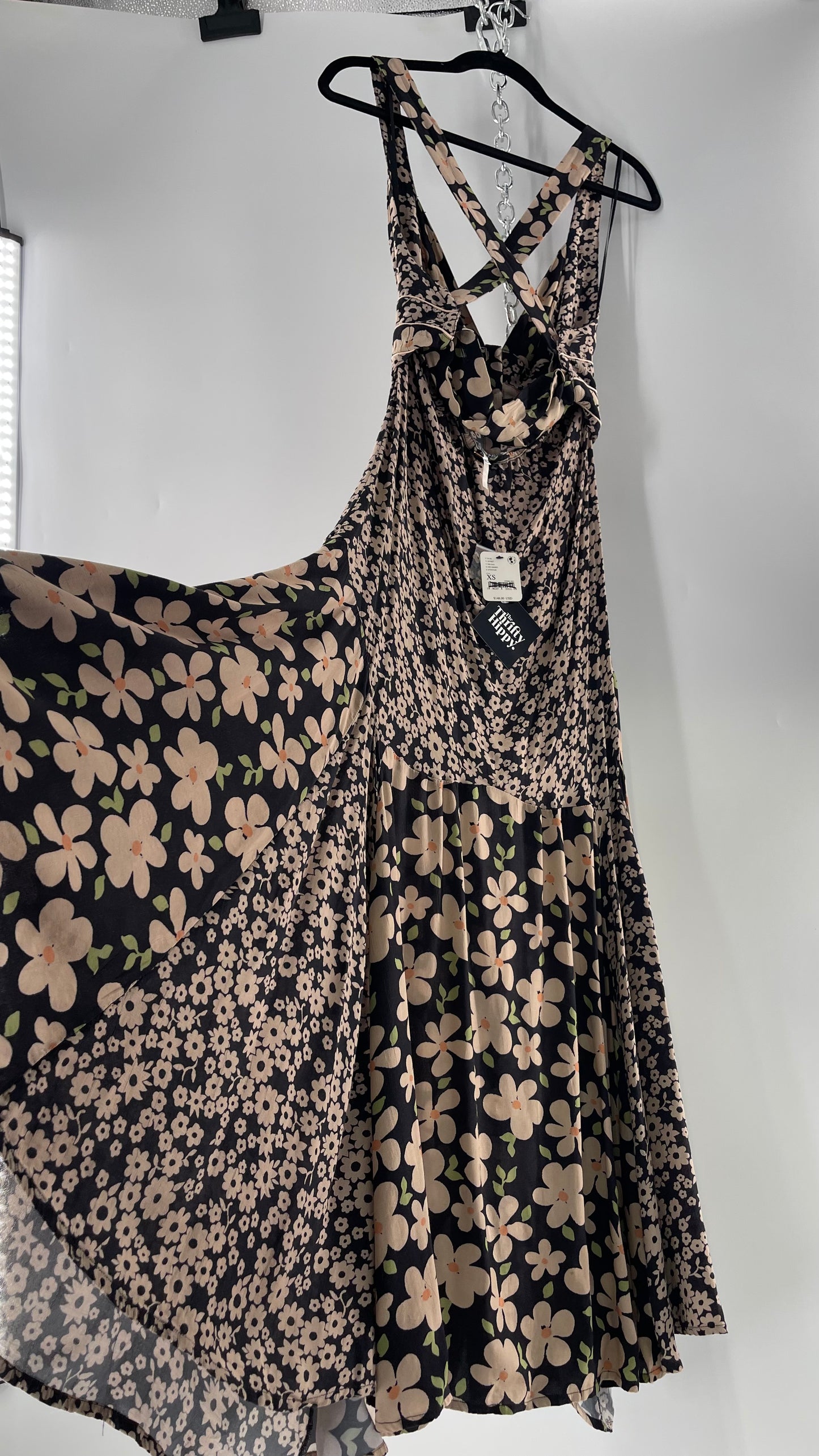 Free People Daisy Mixed Pattern Black/Beige Button Front Full Length Dress (XS)