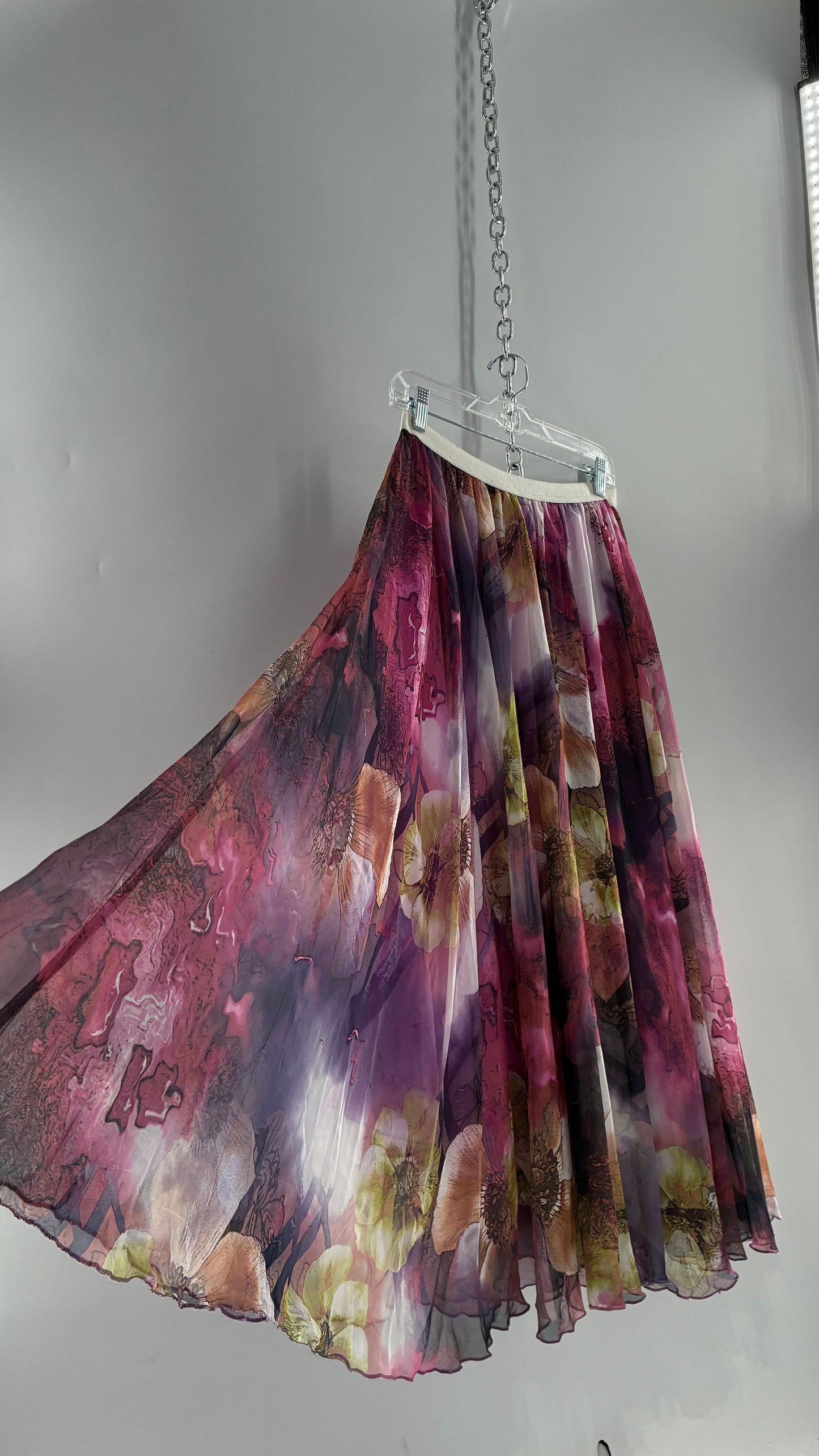 Vintage Full Length Silky Graphic Florals Skirt (Medium)