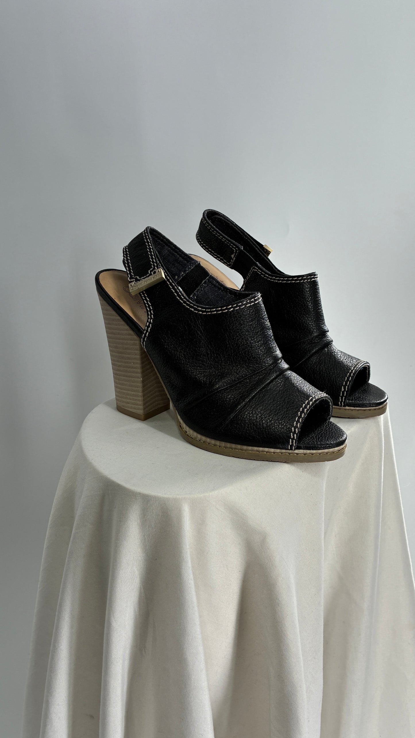 Calvin Klein Peep Toe, Ruched Black Leather Block Heel Slingbacks (7.5)