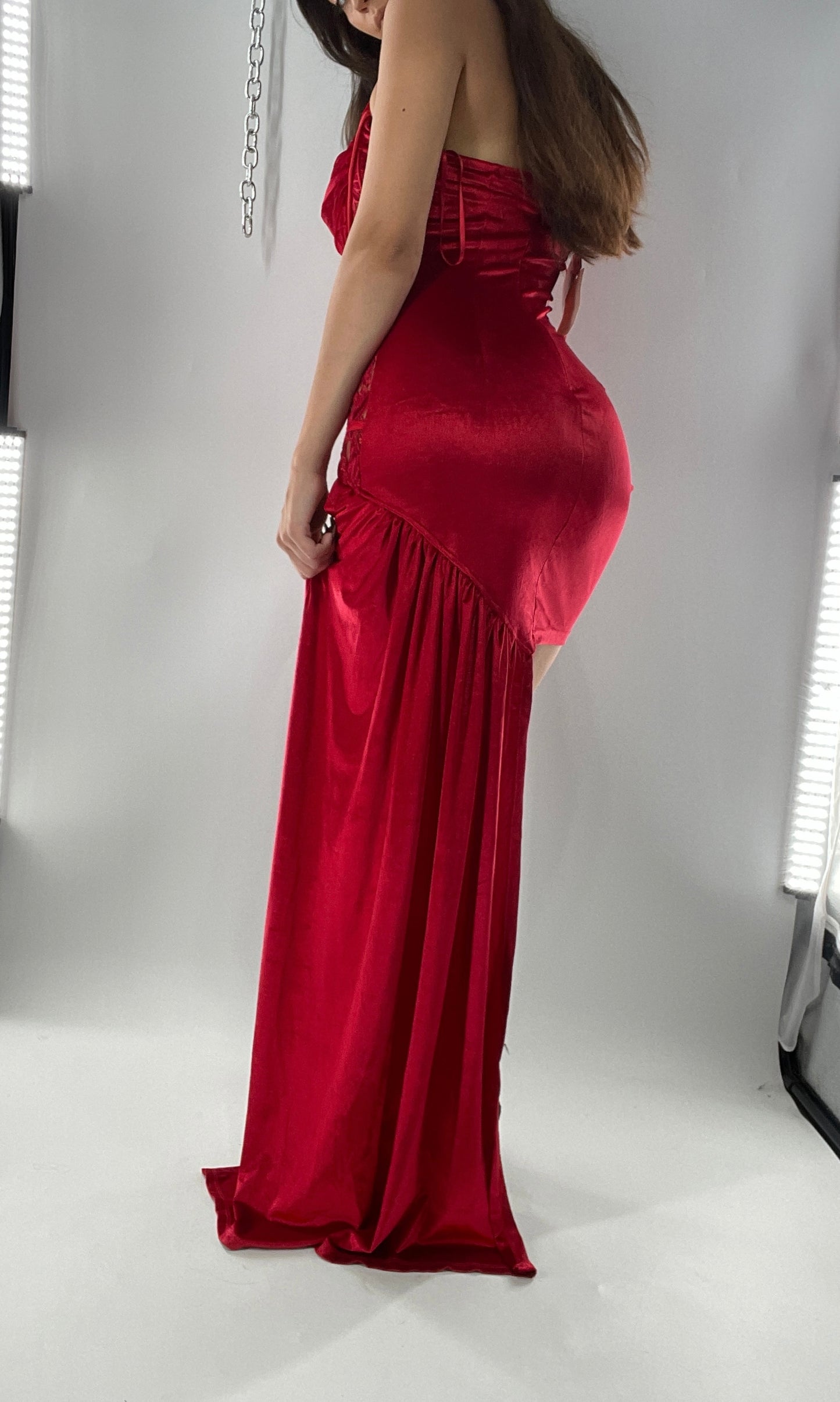 BANJUL Nalu Boutique Red Velvet Ultra Micro Mini Dress with Sheer Corseted Body, Ruched Cups and Side Sash (M)