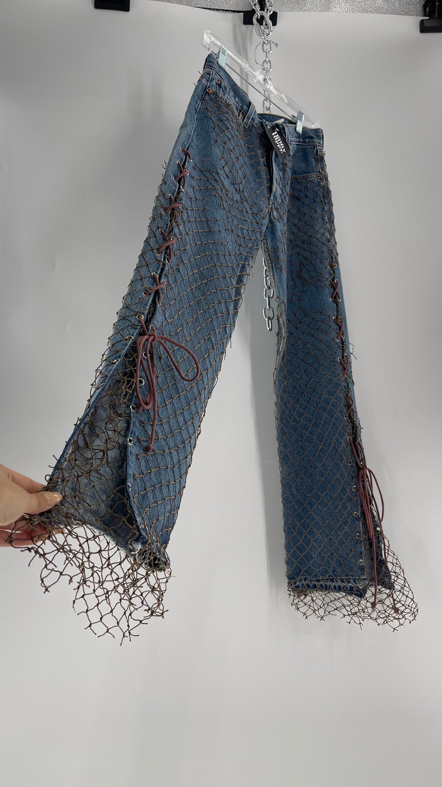 Custom - Fishnet Levi’s with Grommets and Lace Up Sides (Waist 29 Length 30) Fits Like a 26*