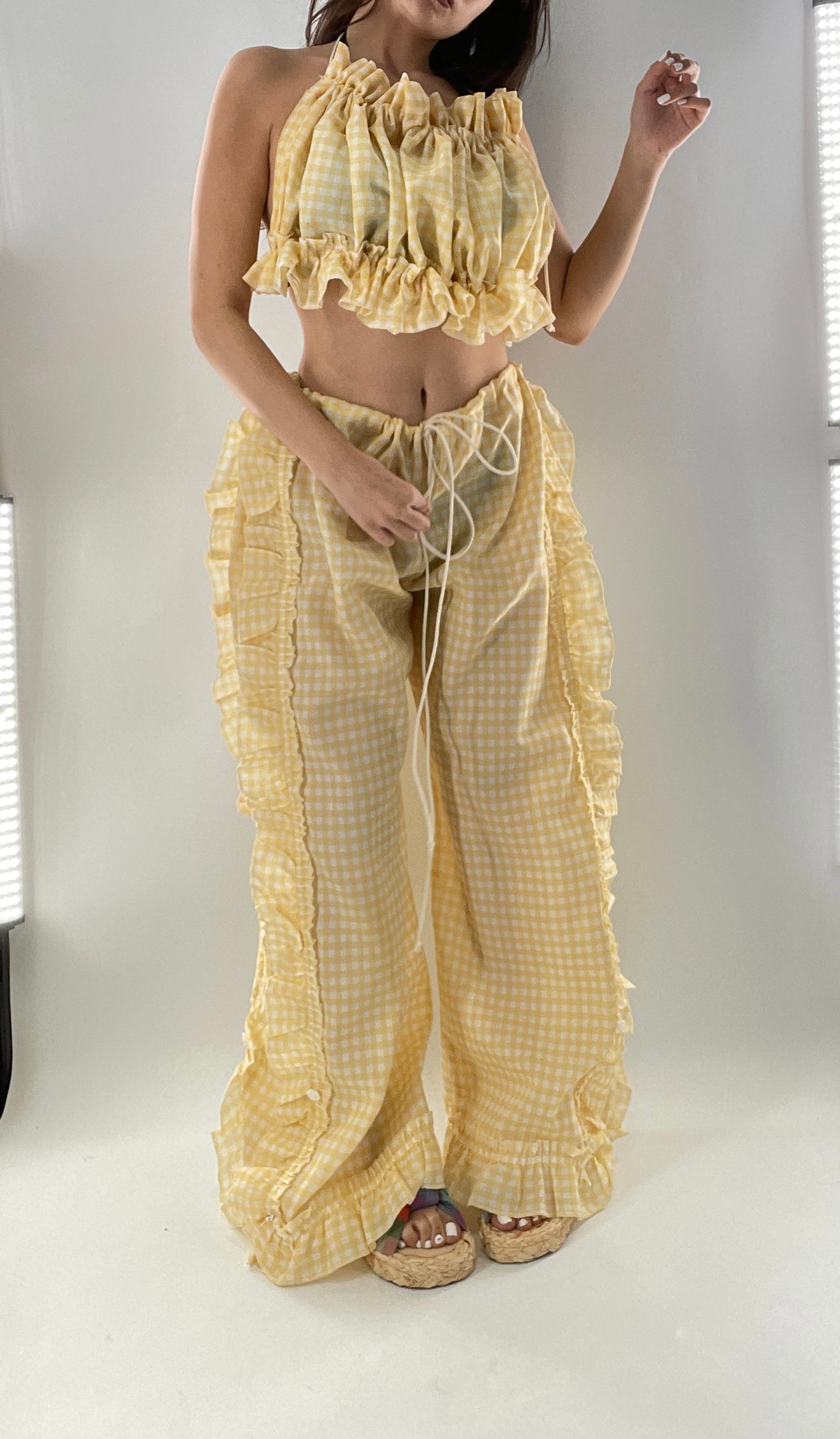Vintage 2 Piece Yellow Checkered/Gingham Patterned Picnic Set with Ruched Bust Top and Ruffle Side Wide Legs with Adjustable Length, Strap Up Buttons on Hem (One Size)