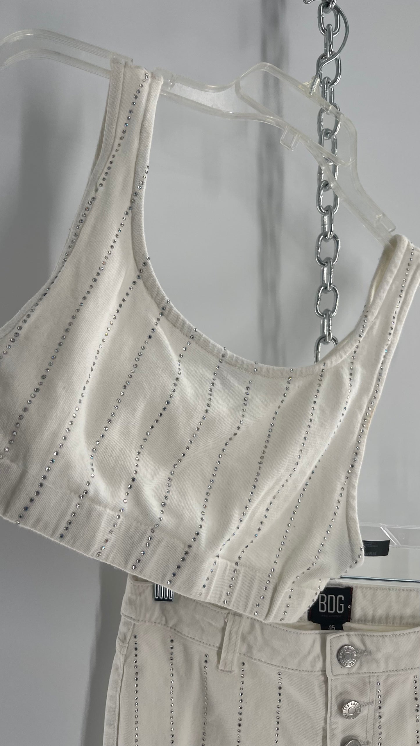 BDG White Jeans (S) With Rhinestones and Sleeveless Cropped White Top With Rhinestones Set (S)