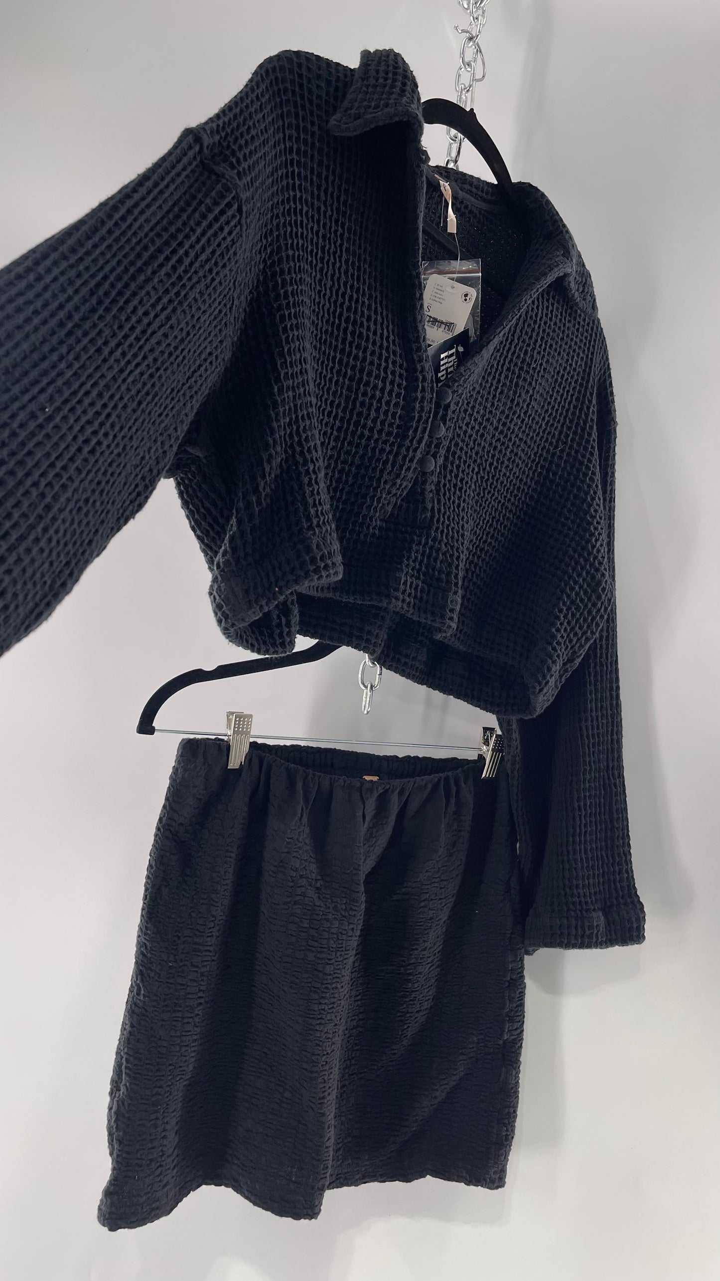 Free People Waffle Knit Black Cropped Button Up and Skirt Set with Tags Attached (Small)