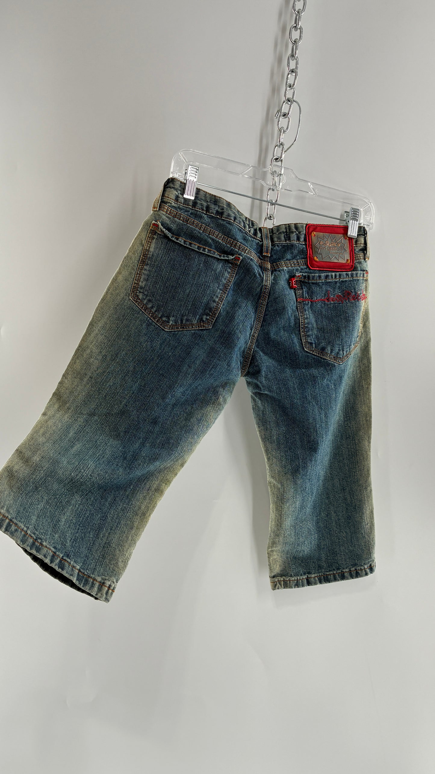 Rare Vintage DONA FLORINDA RIOT GIRLS Faded Wash Denim with Heavy Metal Jacron and Embroidery (38)