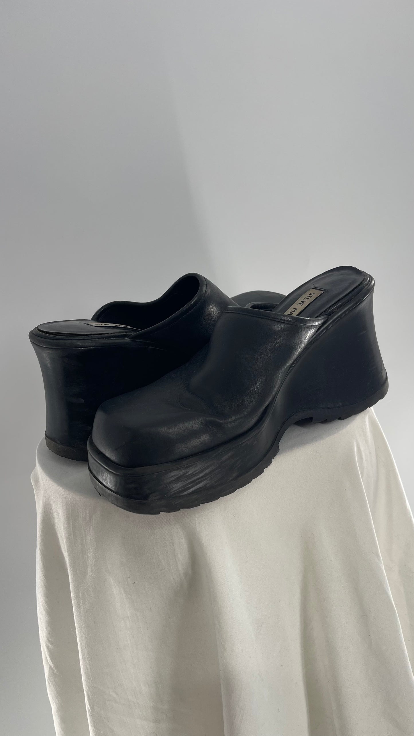STEVE MADDEN Rare Black Leather Chunky Platform Wedge Clog (10)