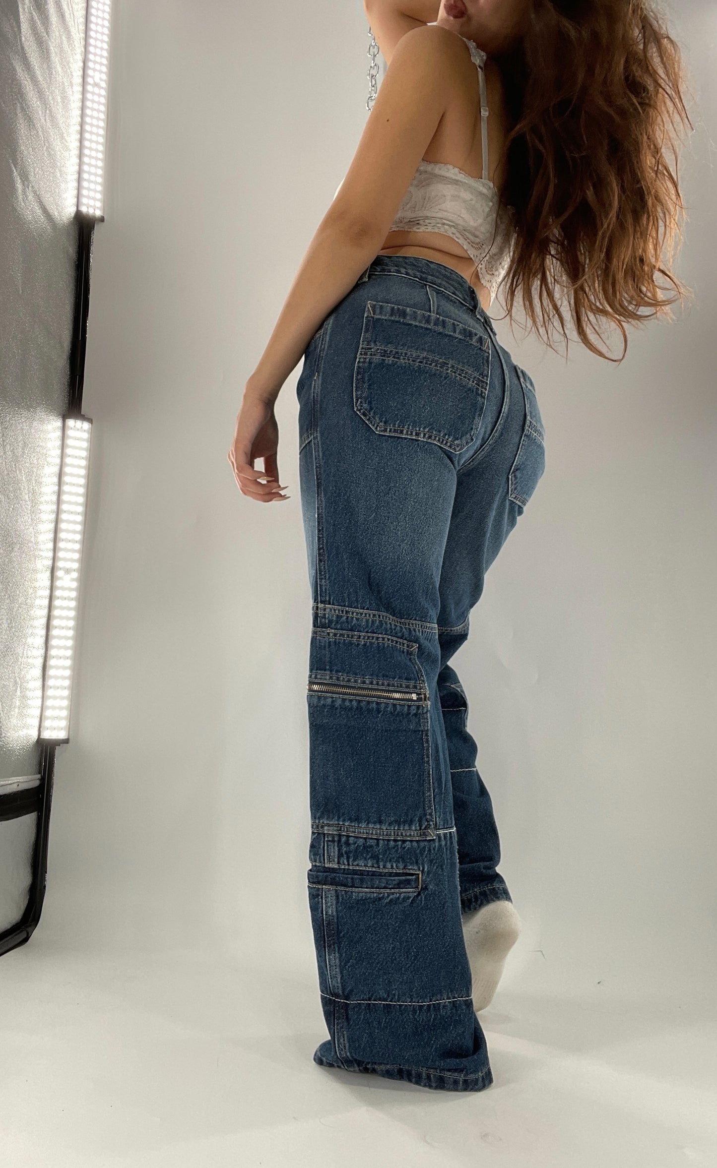 Free People Medium Wash Baggy Straight Legs Jeans Covered in Zippers, Pockets, Stitching (28)