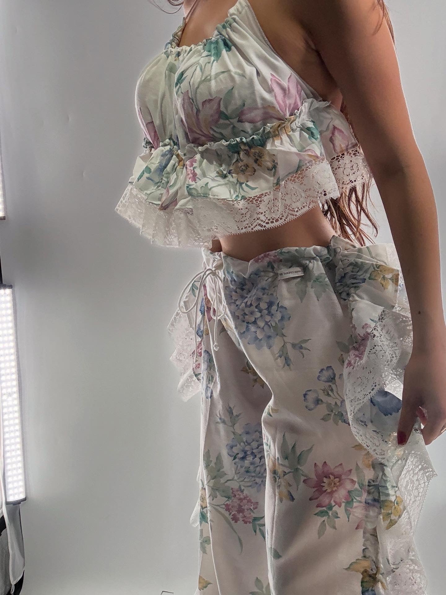 Handmade Vintage 2Piece Muted Pastels, Wispy Florals Ruffled Bum Set (XS-XL)