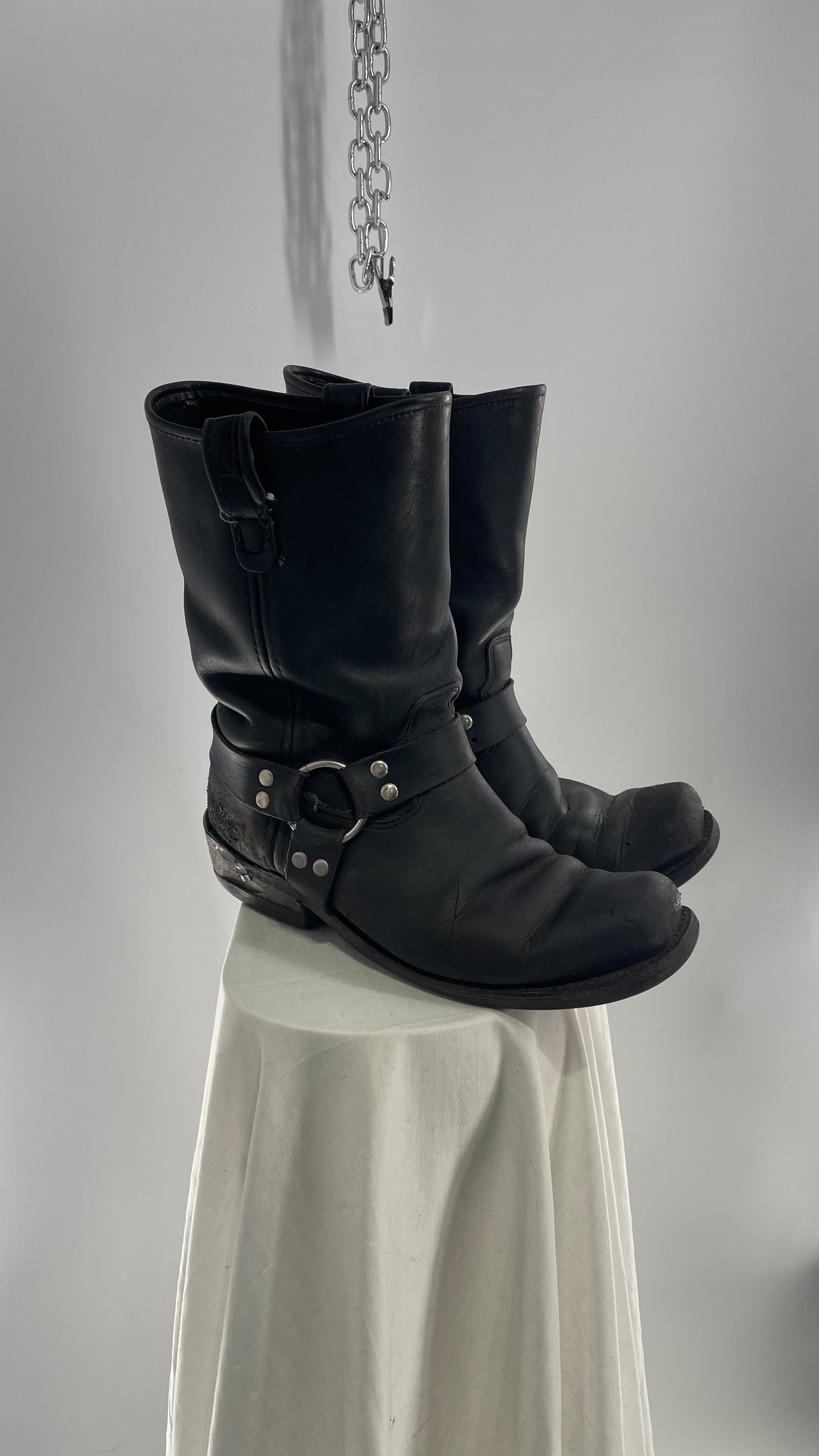 Vintage SIERRA Black Heavy Duty Sloppy Scuffed Distressed Leather Motorcycle Boots (10.5)