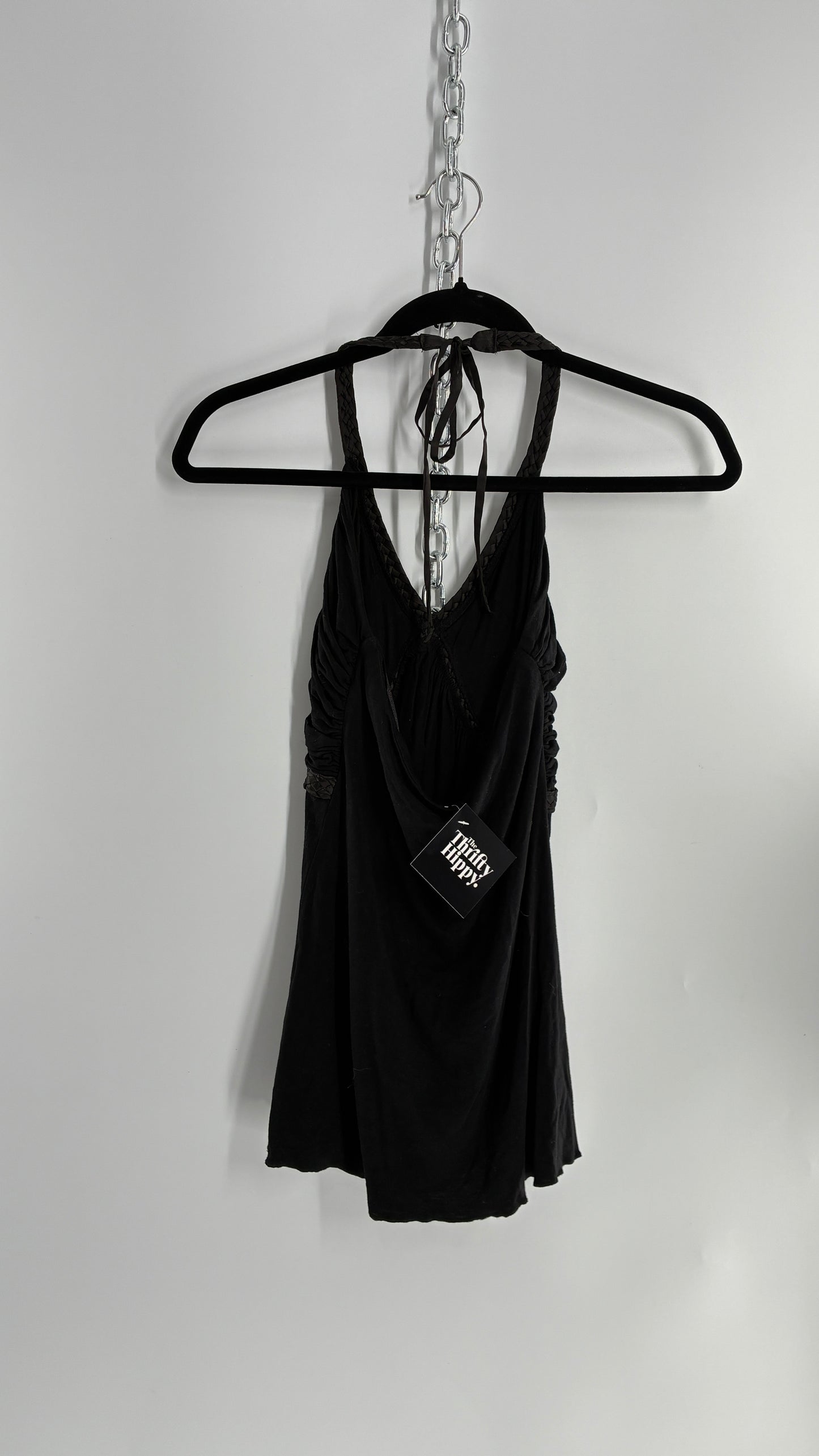 Vintage 1990s Dating Clothing Black Halter with Braided Detail (Small)