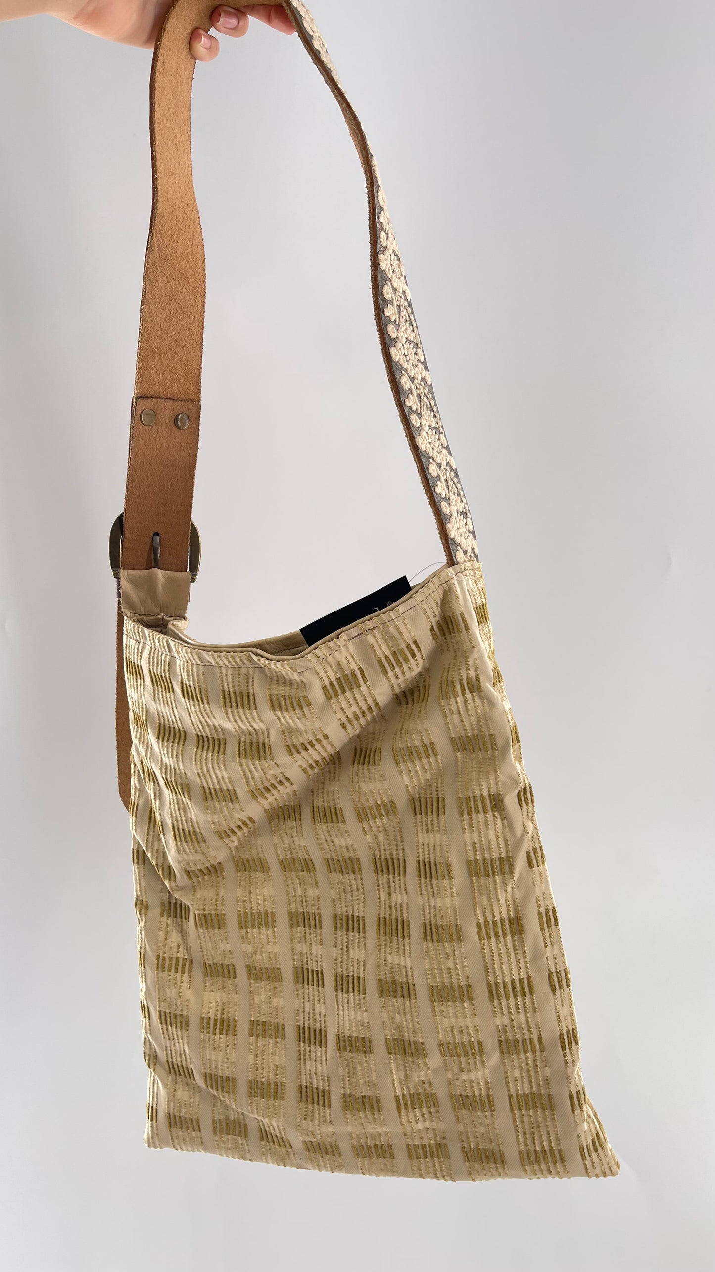 Tote with Embroidered Gold Exterior, Embroidered Leather Strap and Leather Interior - Shown Reversed