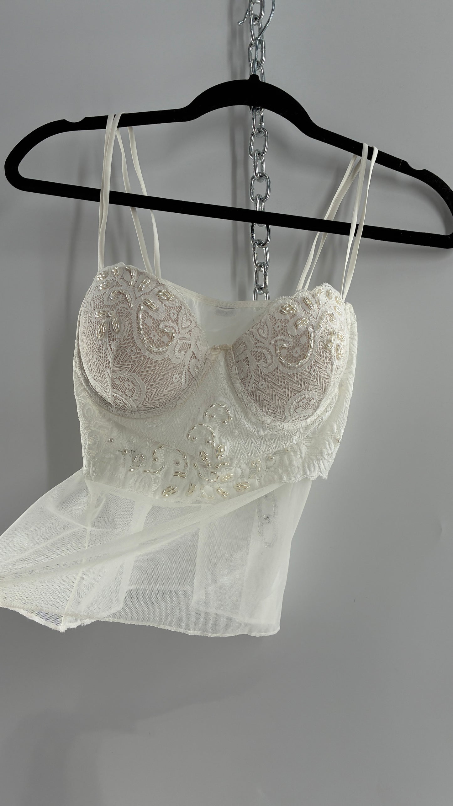 Vintage LA FRESCA White Lace Bustier Babydoll with Mesh Bodice and Beaded Cups/Band (Large)