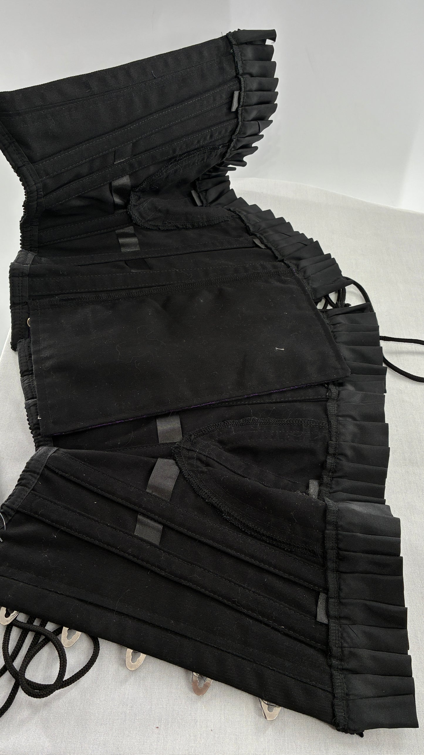 Vintage Black and Purple Brocade Corset with Pleated, Ruffled Hem (Sz 22)