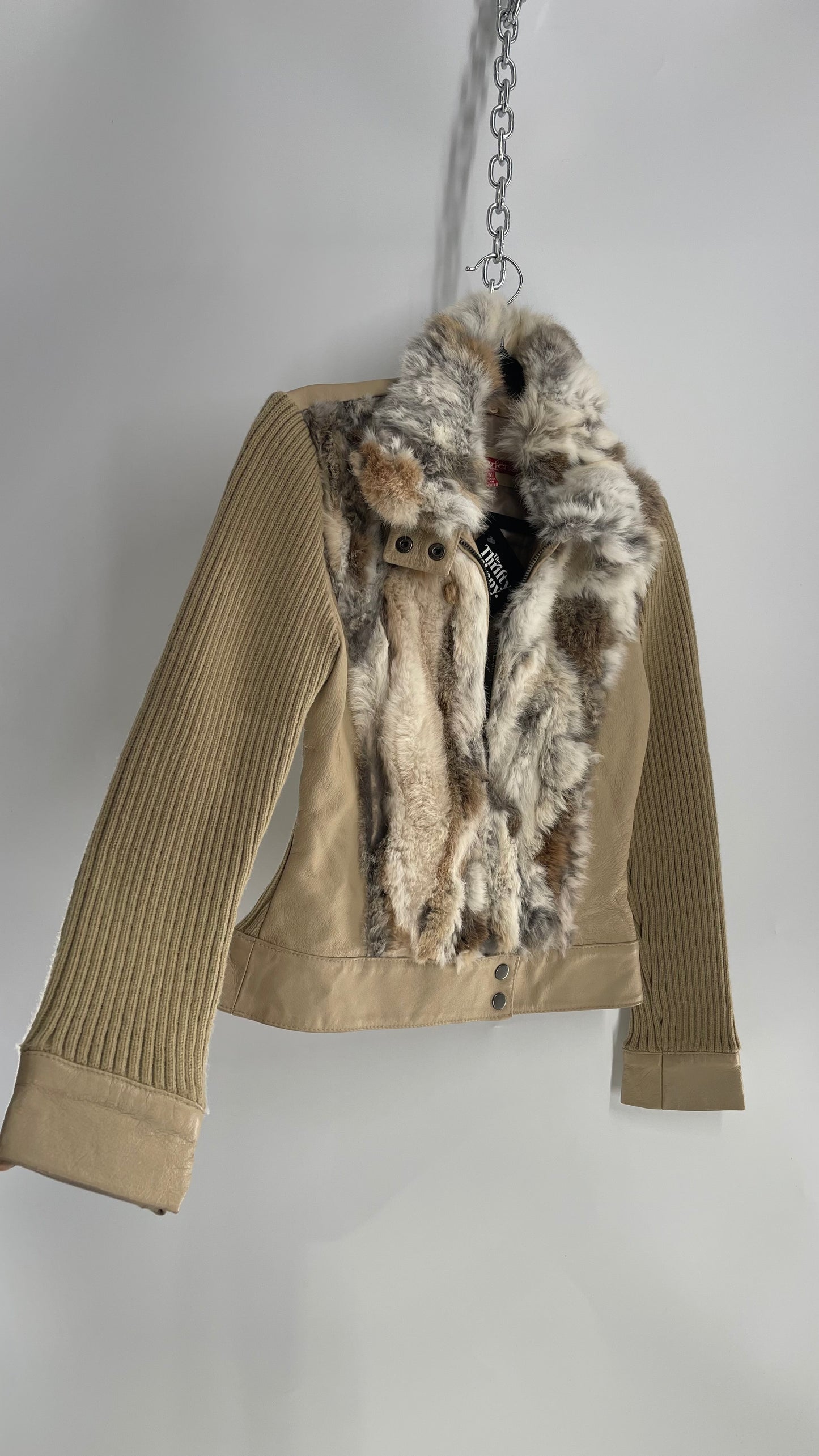 Jennyfer J 1990s Beige Rabbit Fur Sweater Jacket with Ribbed Knit Sleeves (Medium)