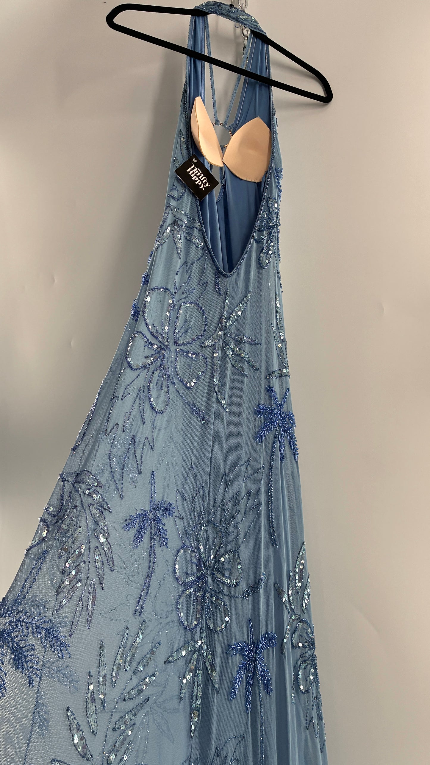 Vintage 1990s Powder Blue Gown Covered in Beaded Appliqué Tropical Designs with Strappy Bust and Low, Open Back (S/M, stretchy no size marked)