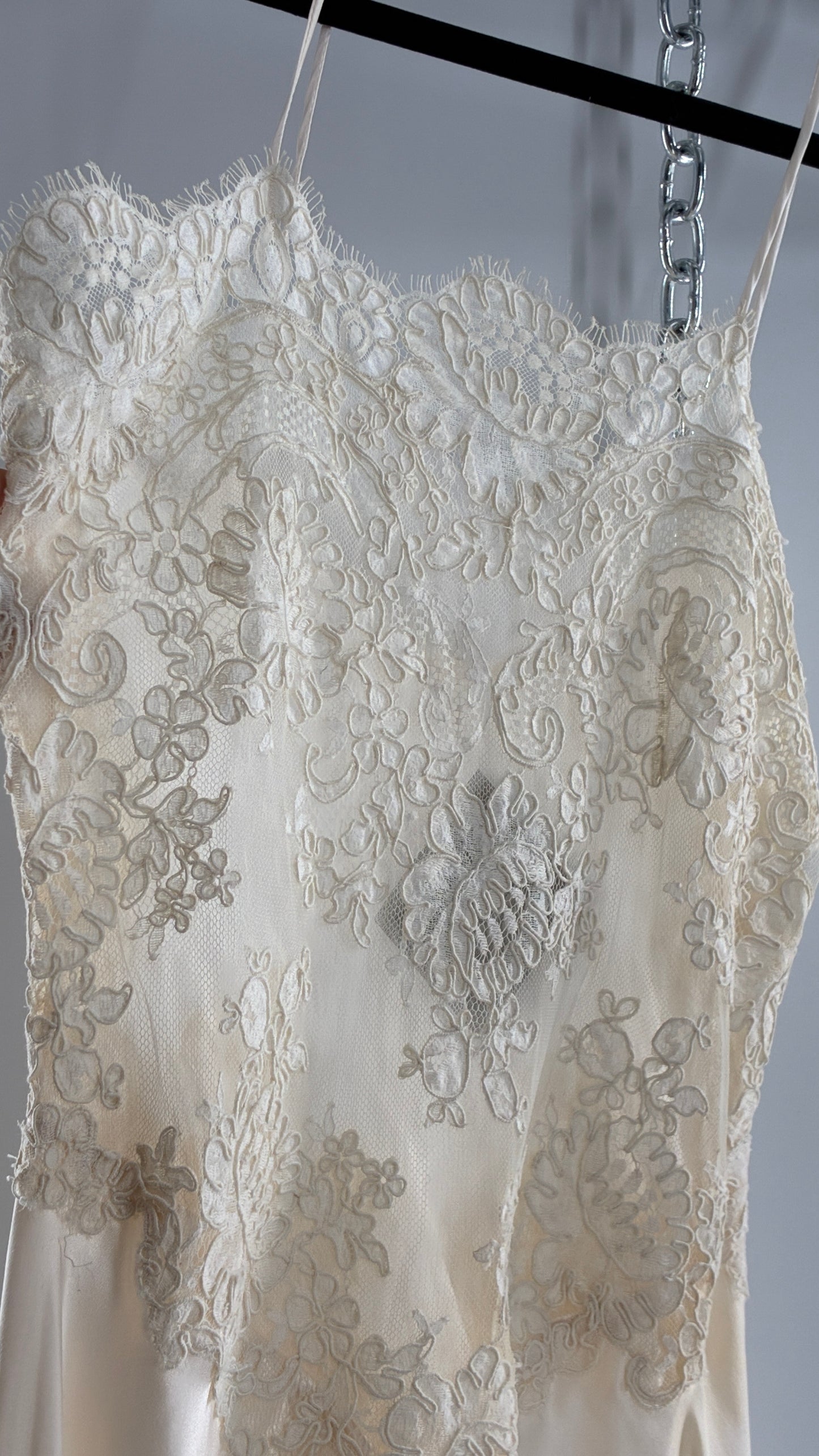 Vintage JONQUIL 100% Silk Gown with Heavy Lace Appliqués and Low Cut Sheer Back (Medium)