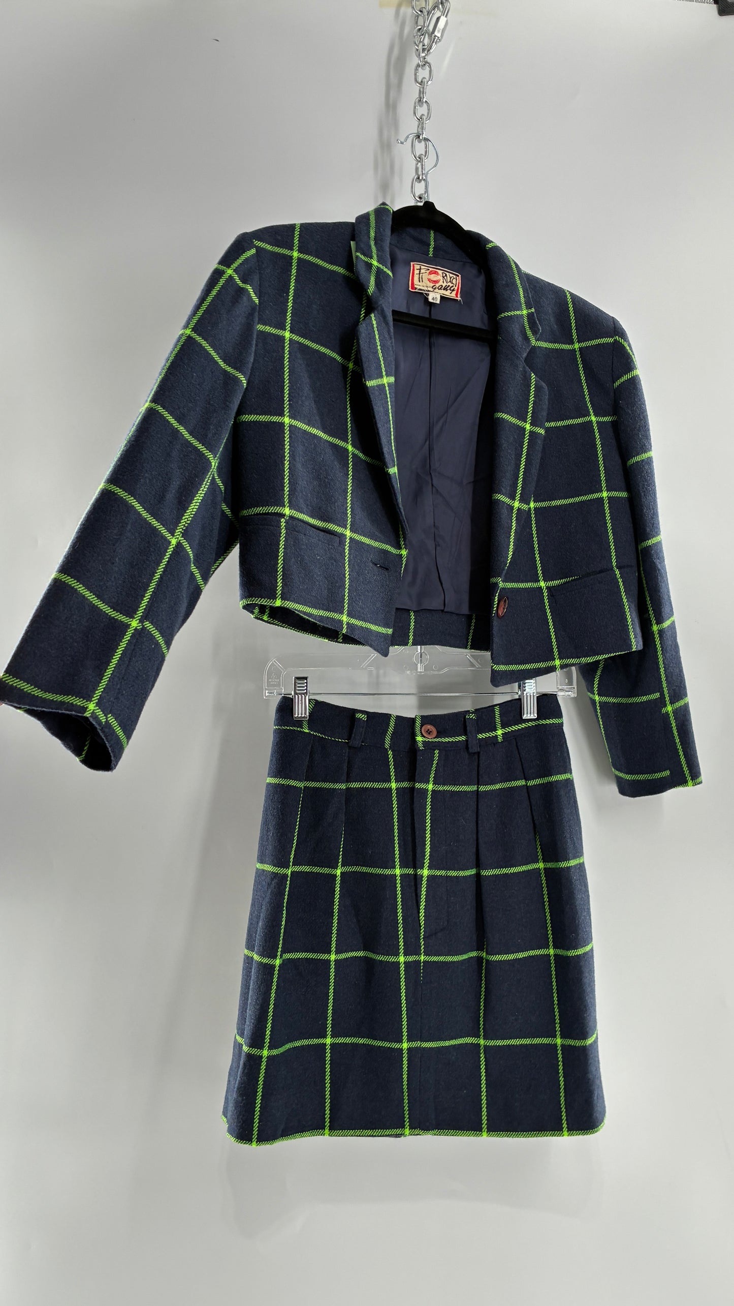 Vintage FIORUCCI GANG Navy and Neon Green Plaid Suit Set with Cropped Blazer and Mini Skirt (40,42)