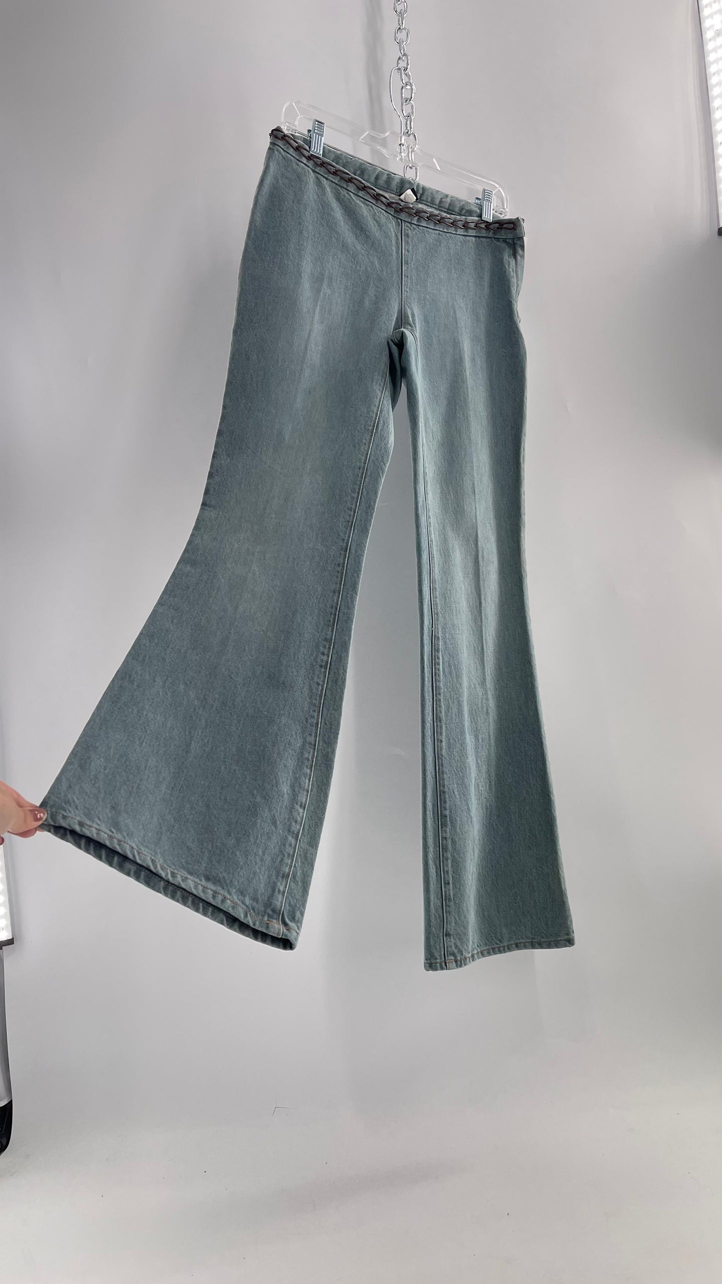 Vintage GAP Light Wash Denim Kick Flares with Bronze Chain Link Waistline (2)