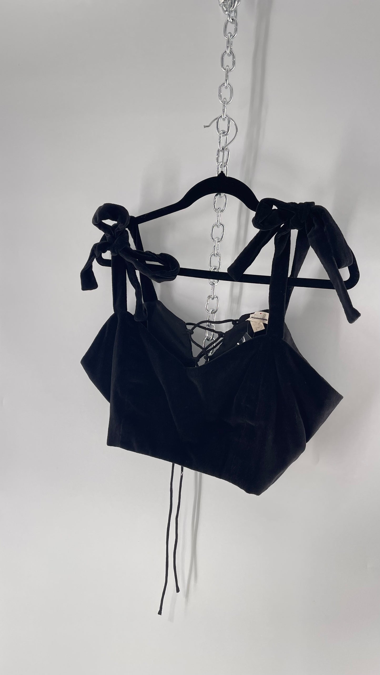 Letmebe Anthropologie Black Velvet Cropped Tank with Delicate, Romantic Tie Shoulders and Lace Up Back (XL)