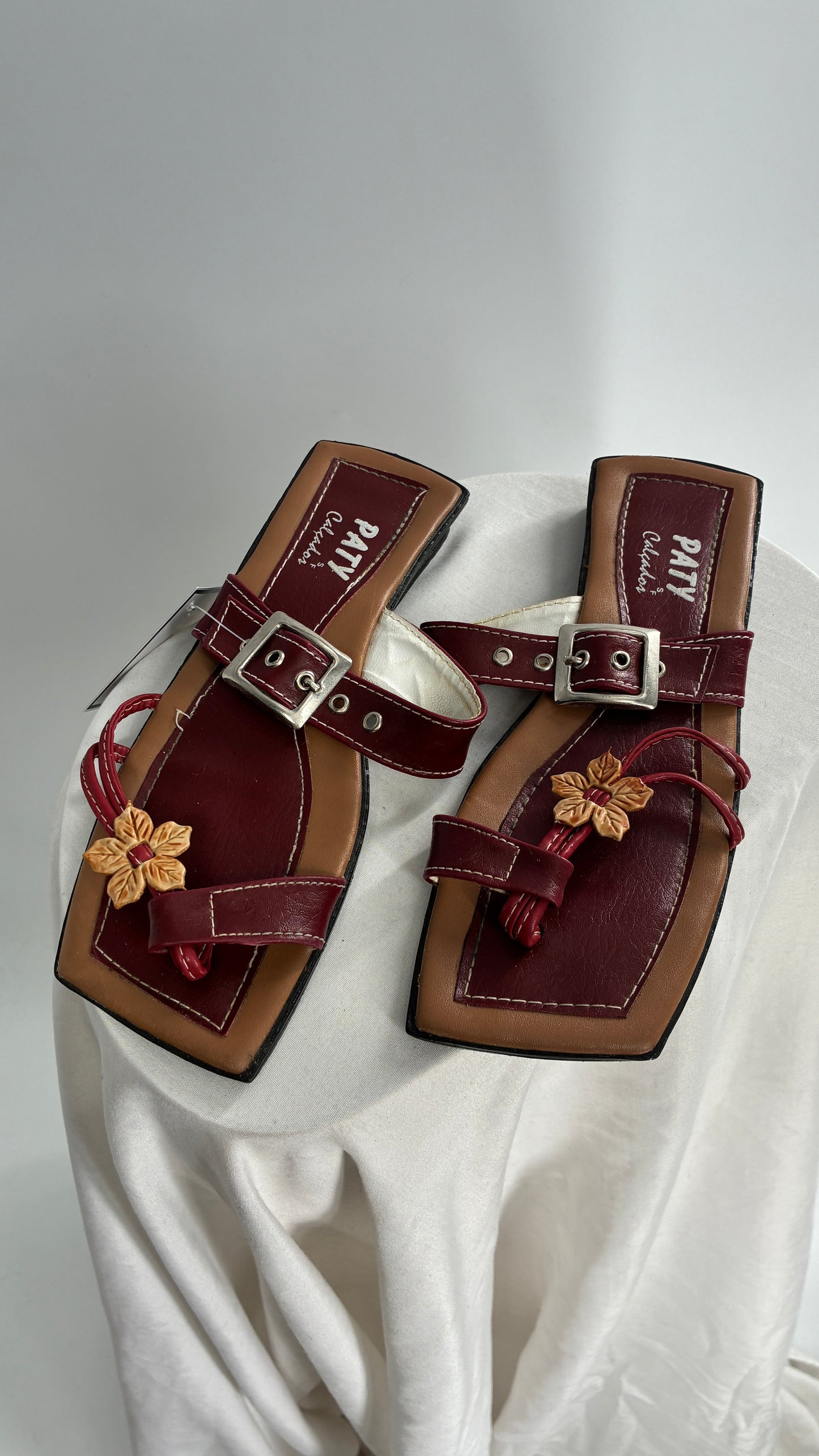 Vintage Burgundy Leather, Square Toe, Made in Brazil Sandals with Metal Buckle Strap (36)