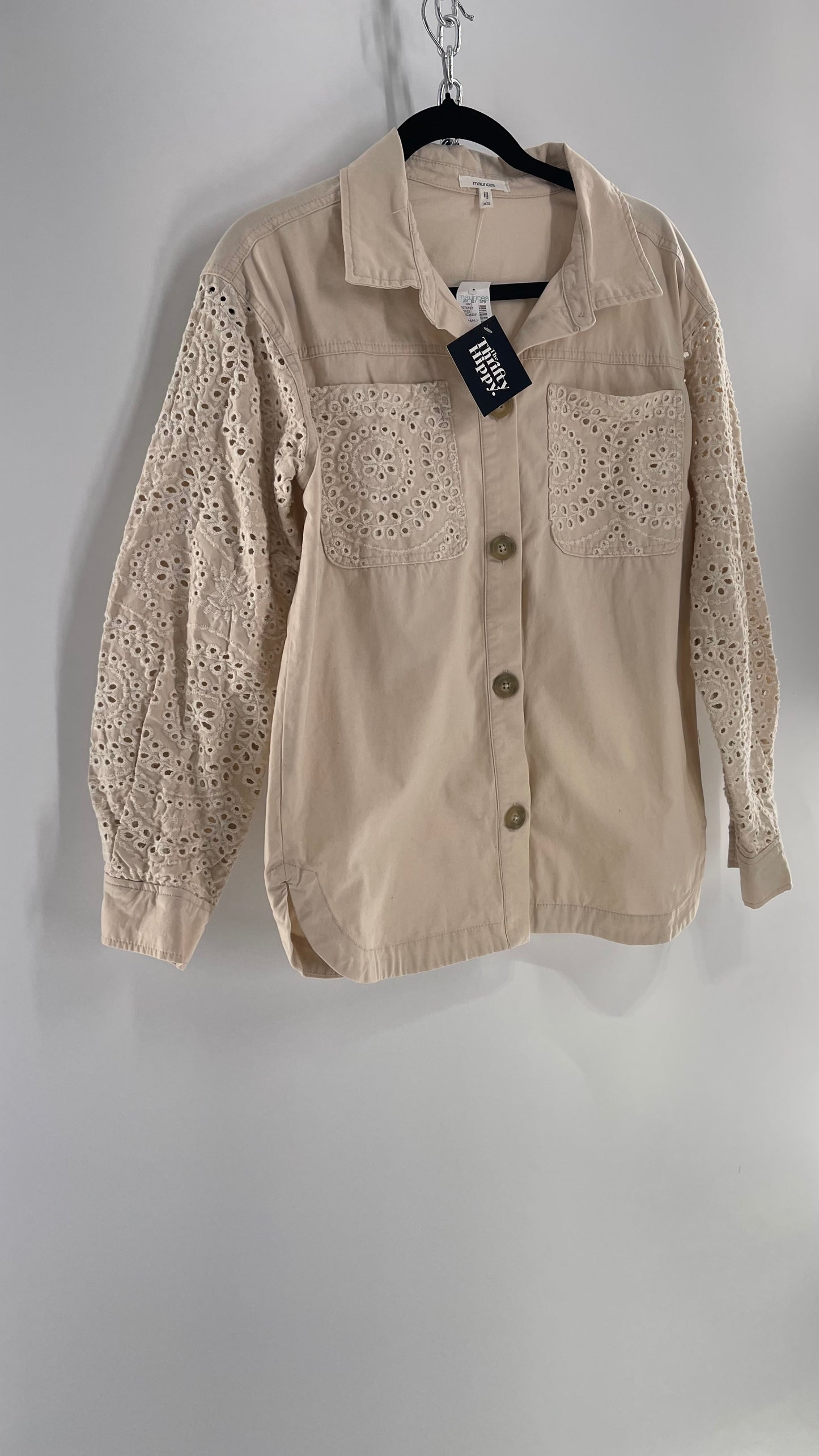 Maurices Anthropologie Beige Cotton Button Up with Eyelet Lace Sleeves and Pockets with Tags Attached (XS)
