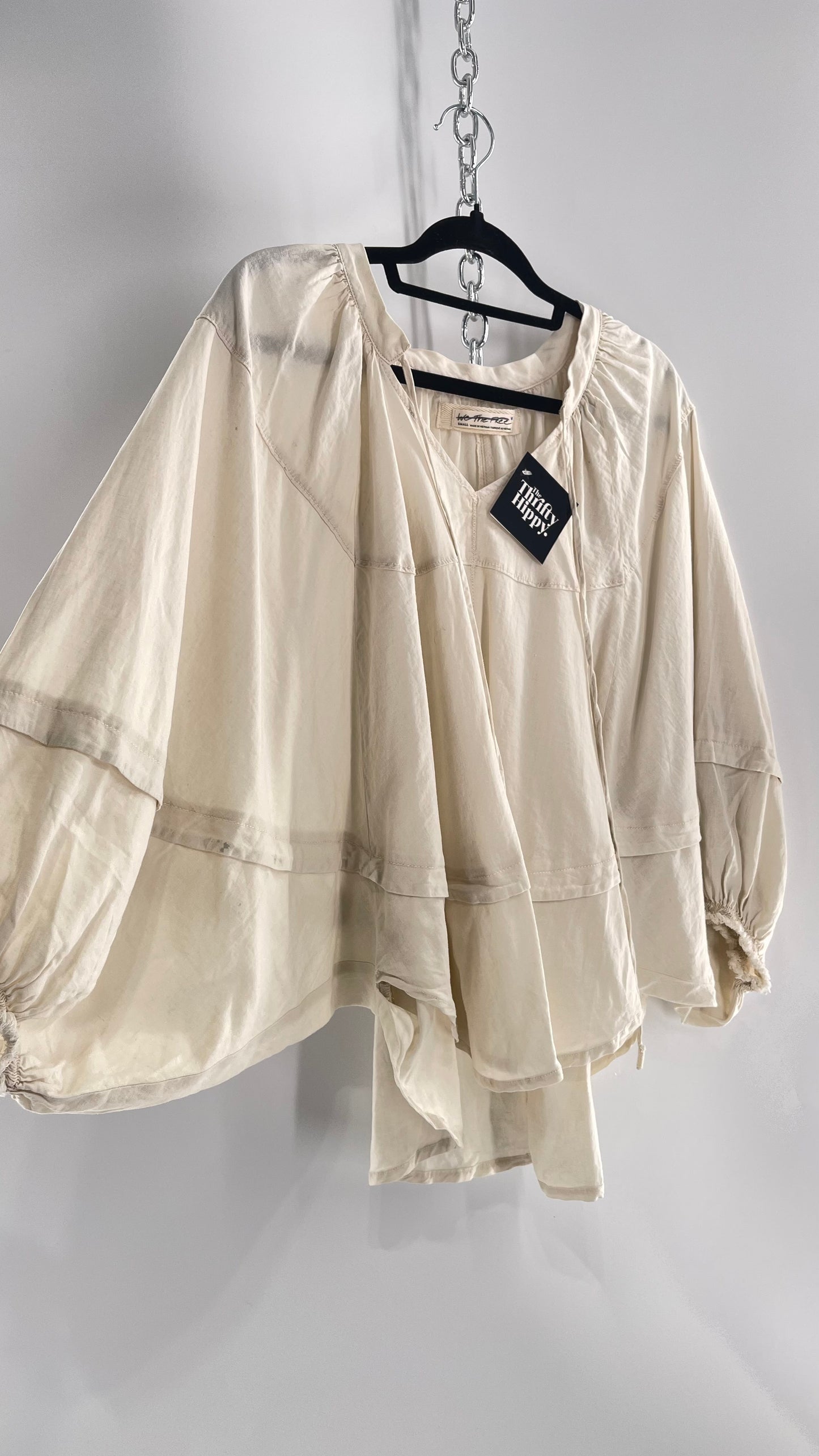 Free People Beige Off White Billow/ Prairie Sleeve Cape Blouse (Small)