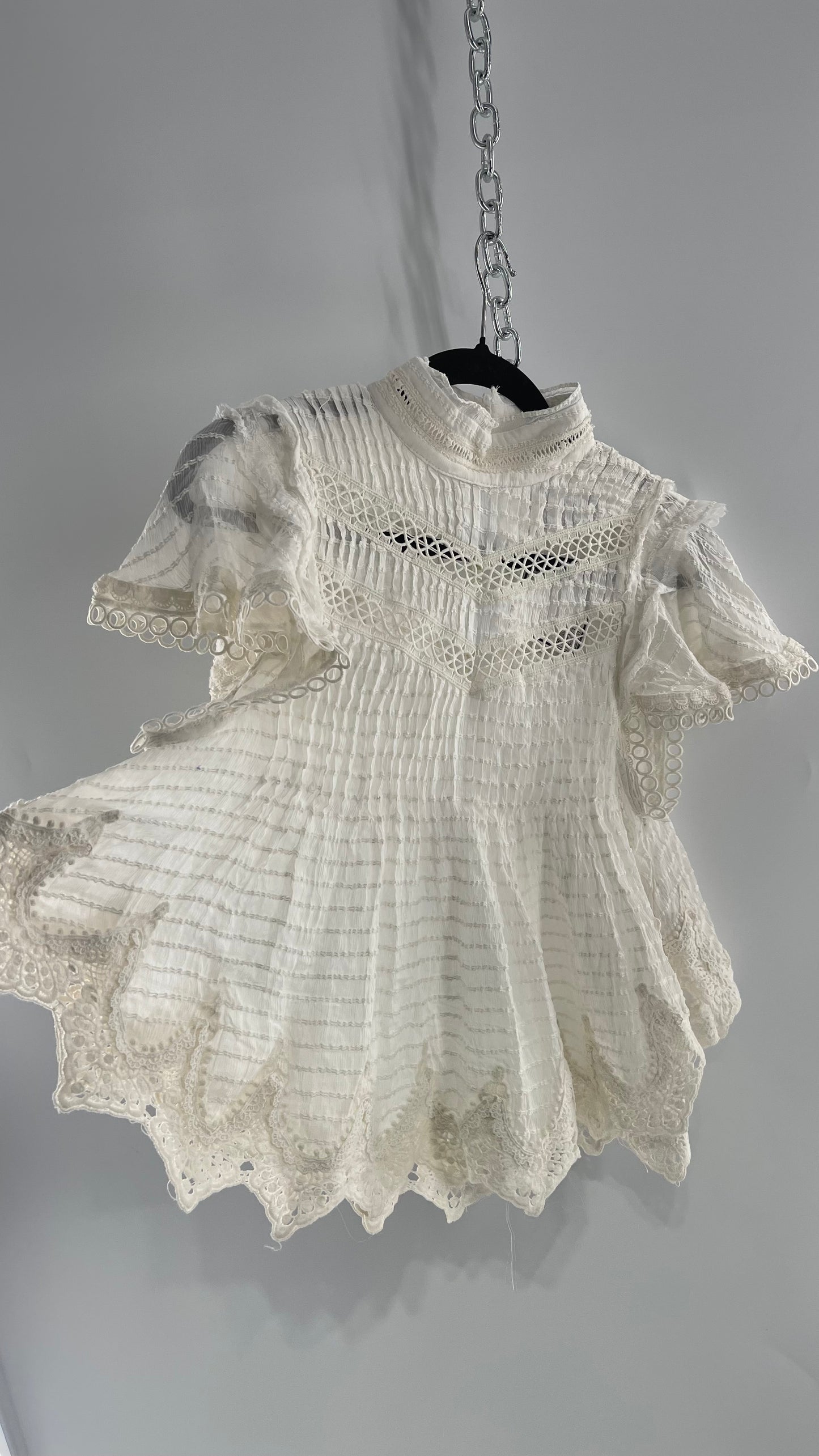 Kimchi Blue White 68% Viscose 32% Cotton Romantic Blouse with High Neck, Textured Body, and Scalloped Lace Hem and Sleeves (Small)