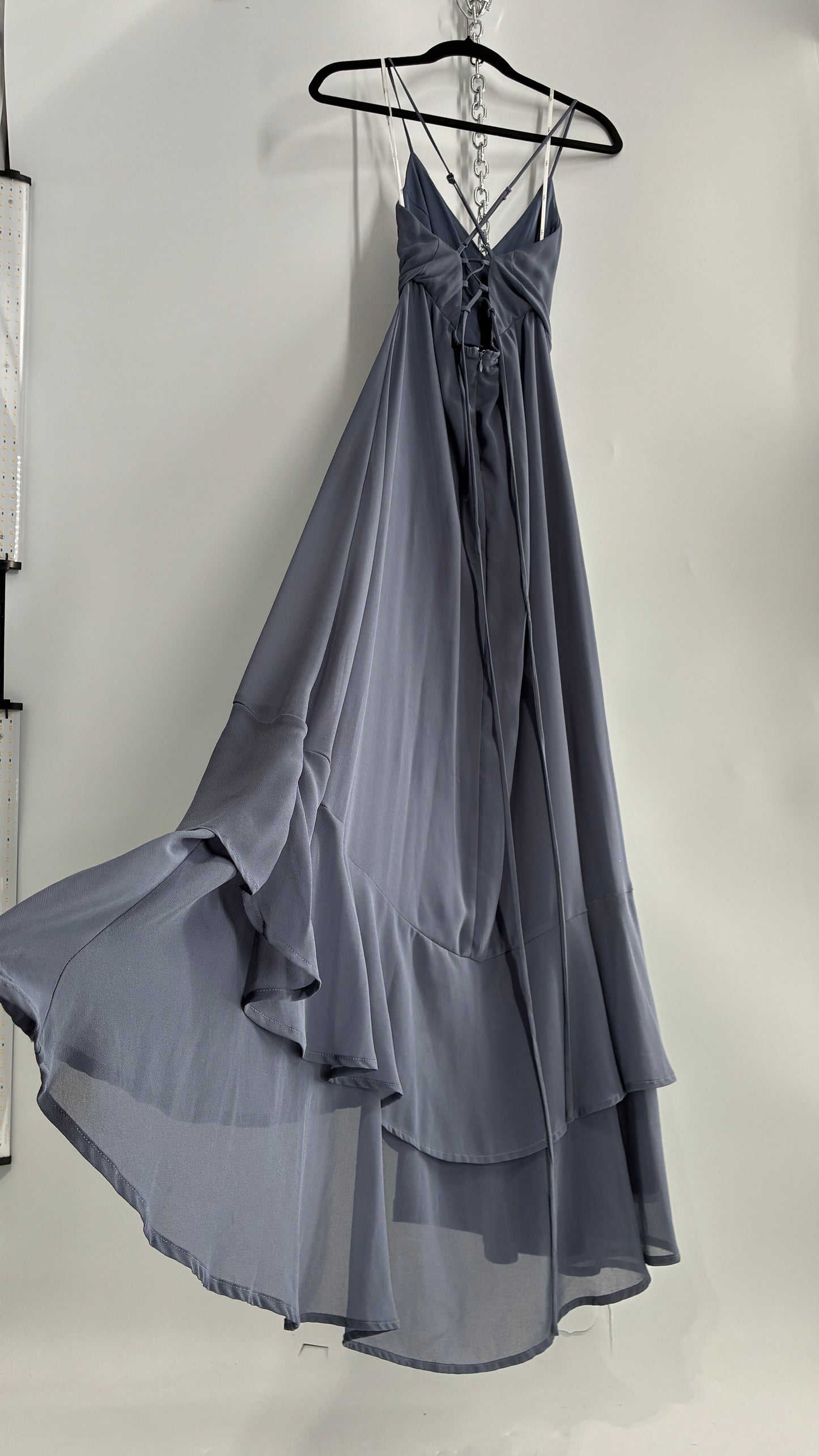 Lulus Greyish Blue Full Length Dress with Tie Up Back and Ruffled Hem (S)