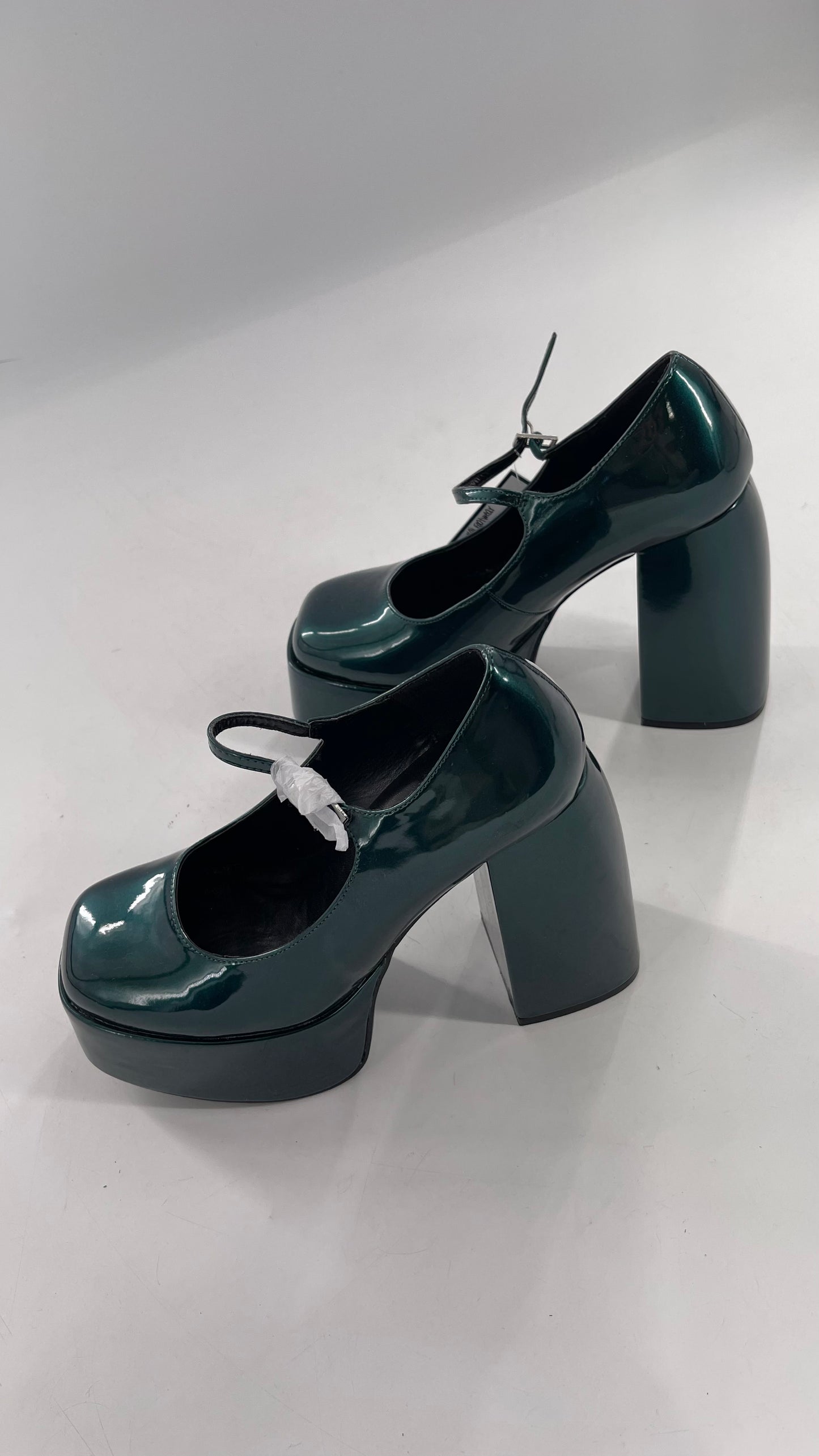 KOI FOOTWEAR Patent Emerald Green Platform Chunky Heel Mary Janes (9/39)