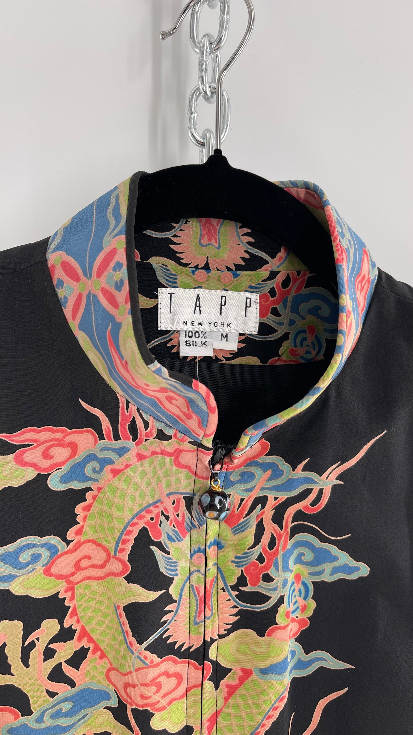 Vintage 1990s TAPP NEW YORK 100% Dragon Graphic Zip Front Crop Sleeveless Vest Top Silk (Medium)