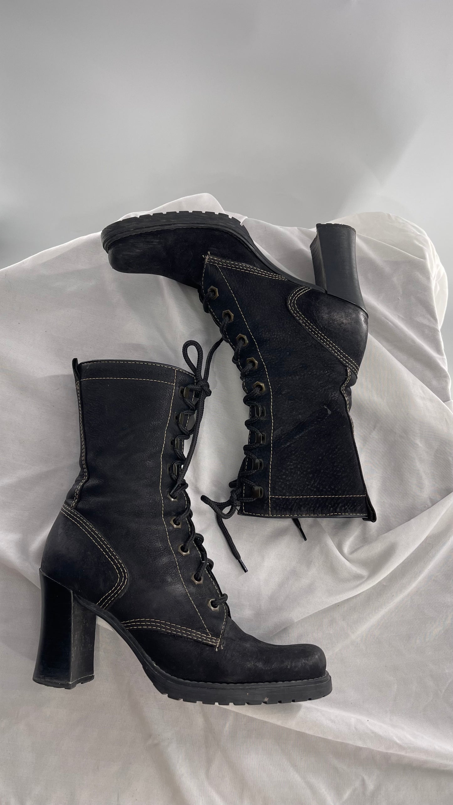 Vintage Nine West Leather Black Lace Up Combat Boots (7)
