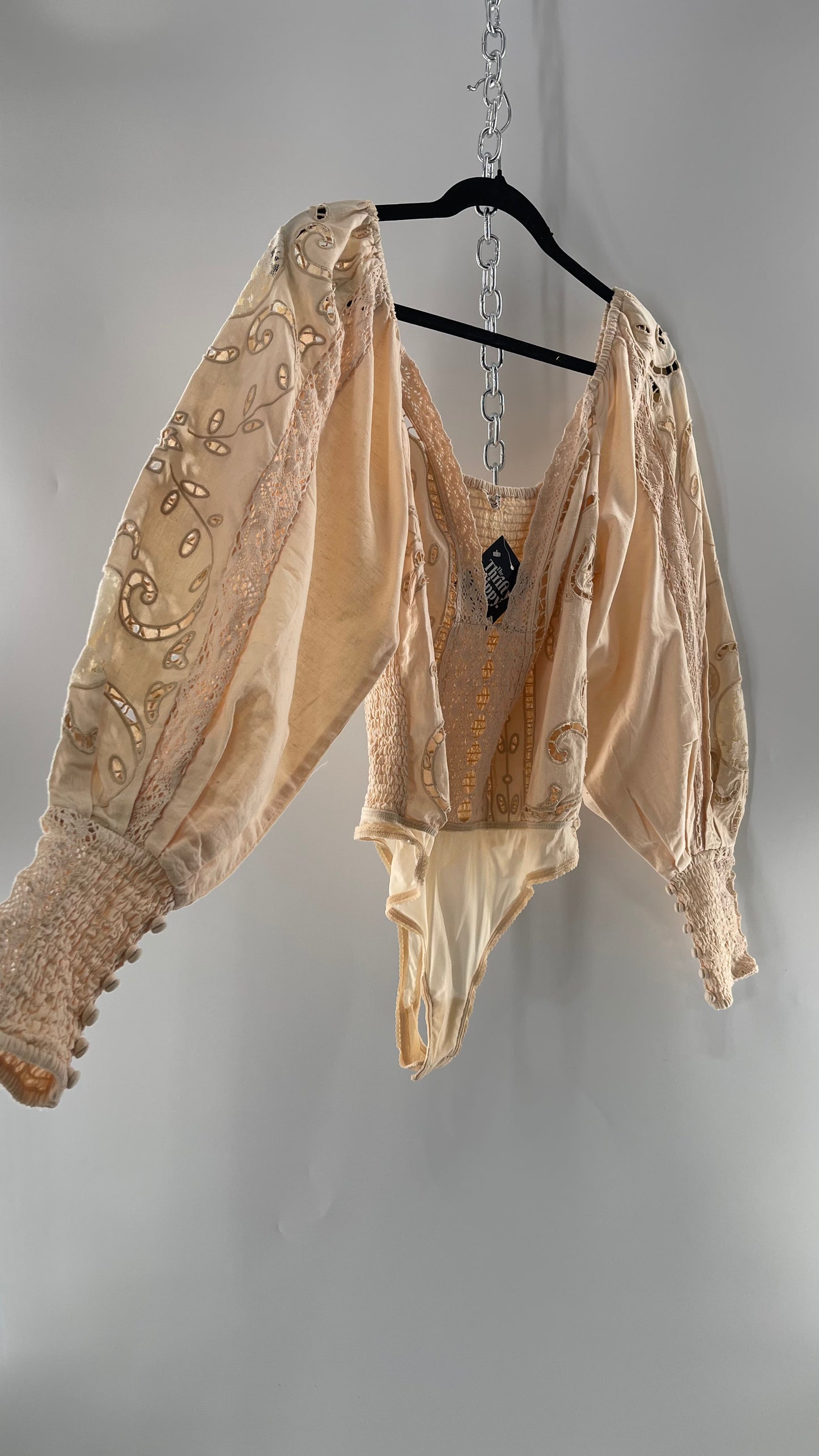 Free People Off White Cotton Bodysuit with Embroidered Lace Balloon Bishop Sleeve and Smocked, Buttoned Cuffs (Large)