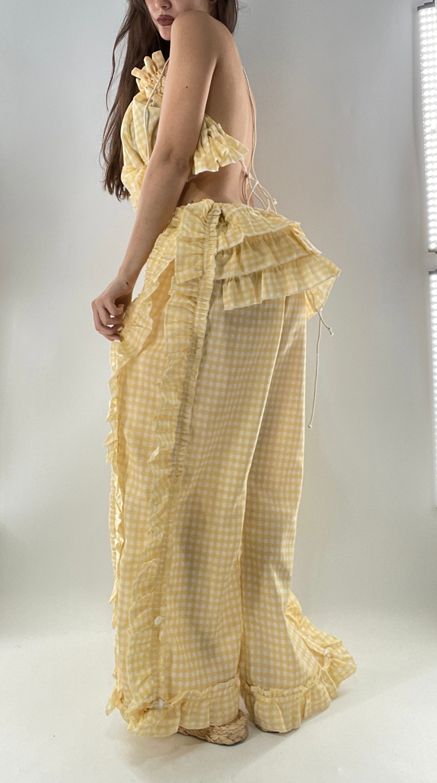 Vintage 2 Piece Yellow Checkered/Gingham Patterned Picnic Set with Ruched Bust Top and Ruffle Side Wide Legs with Adjustable Length, Strap Up Buttons on Hem (One Size)