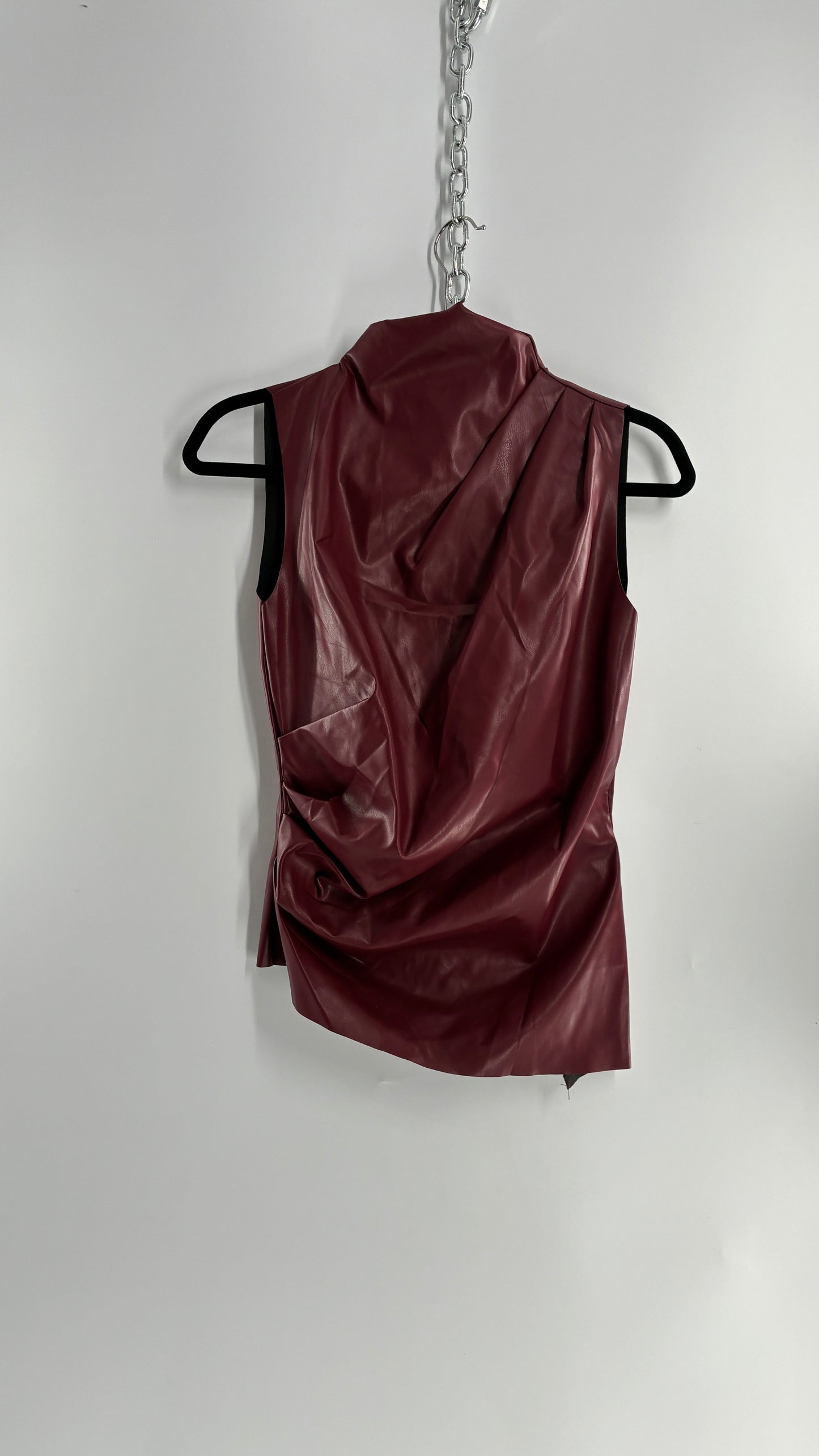 Faux Leather Maroon Ruched High Neck Asymmetric Sleeveless Top (Medium)