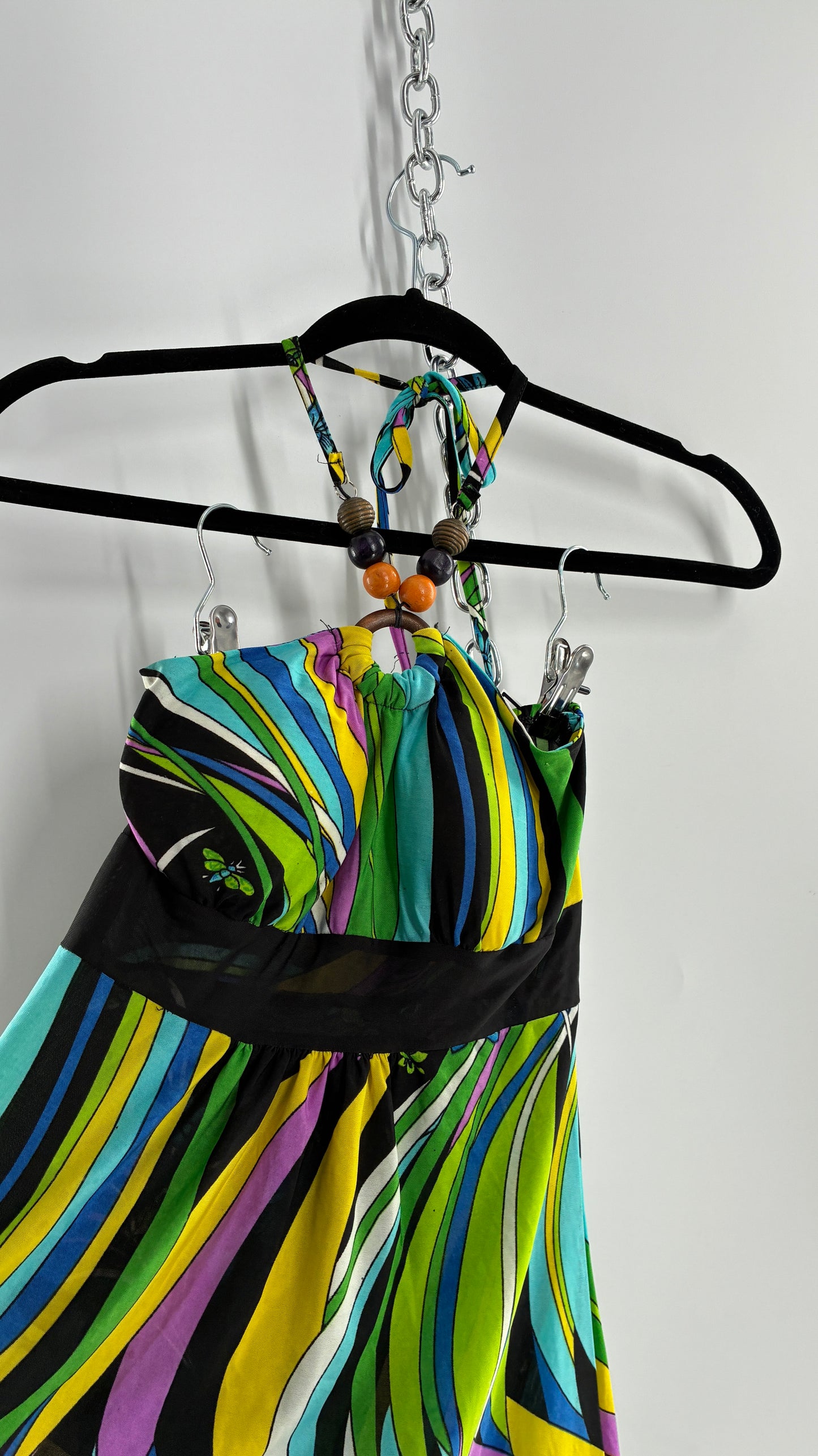 Vintage 1990s Halter Contrast Swirl Dress with Beaded Choker and Built in Bust Padding (Small)