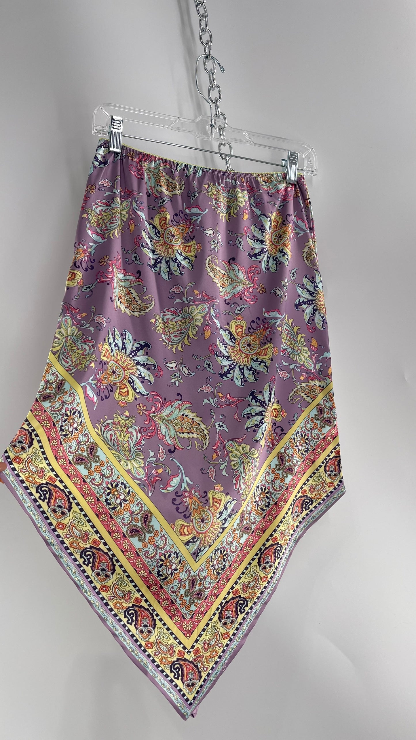 Urban Outfitters Lavender Satin Paisley Handkerchief Hem Skirt with Light Green Ribbon Waistline (Small)