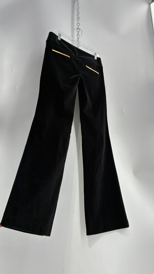 Vintage Alice + Olivia Thick Black Velour Low Rise Kickflare Pants with Thick Waistband with Gold Coin Detailing (6)