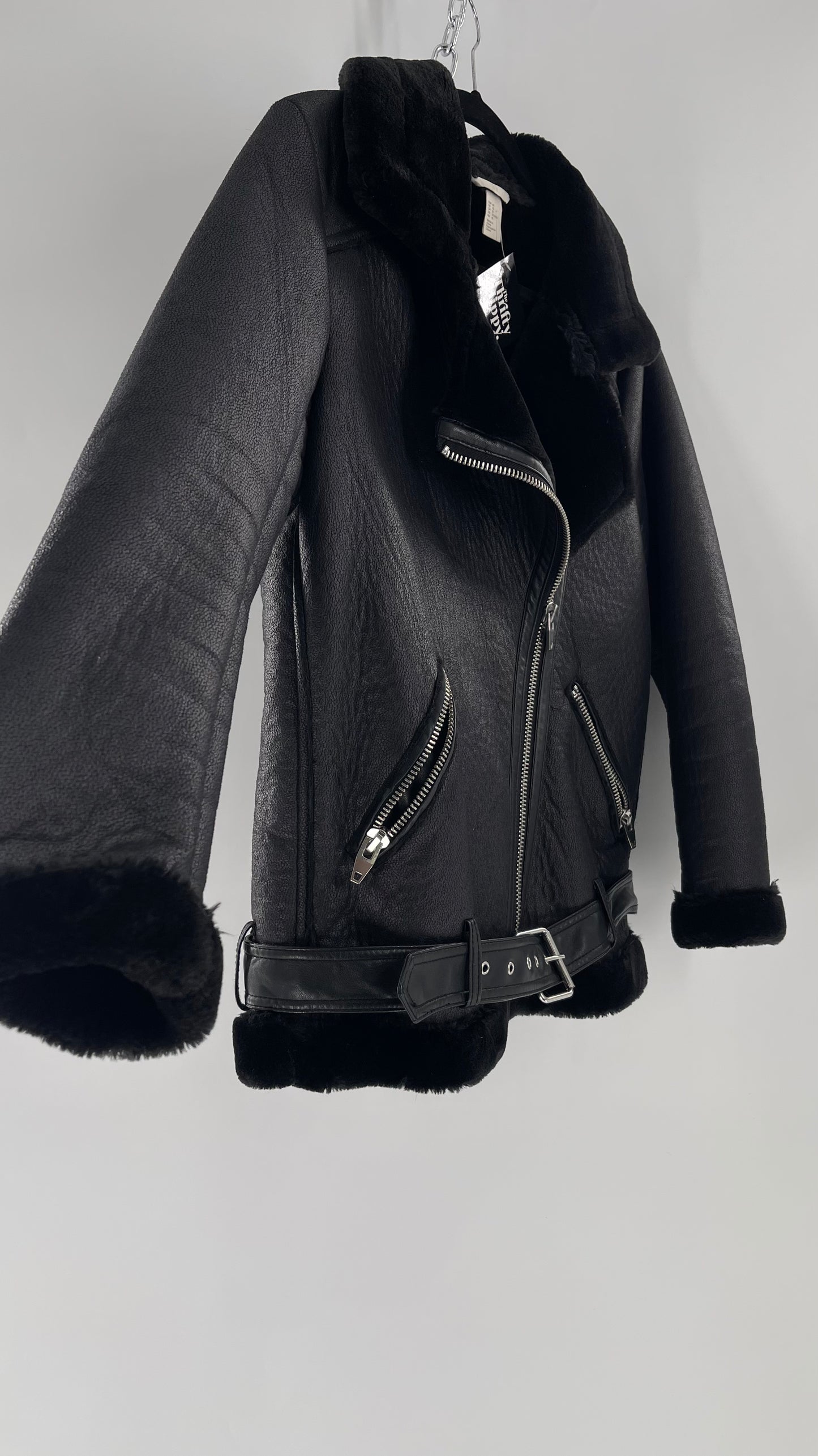 H&M (C) Black Faux Leather Moto Jacket with Faux Fur Lining (10)
