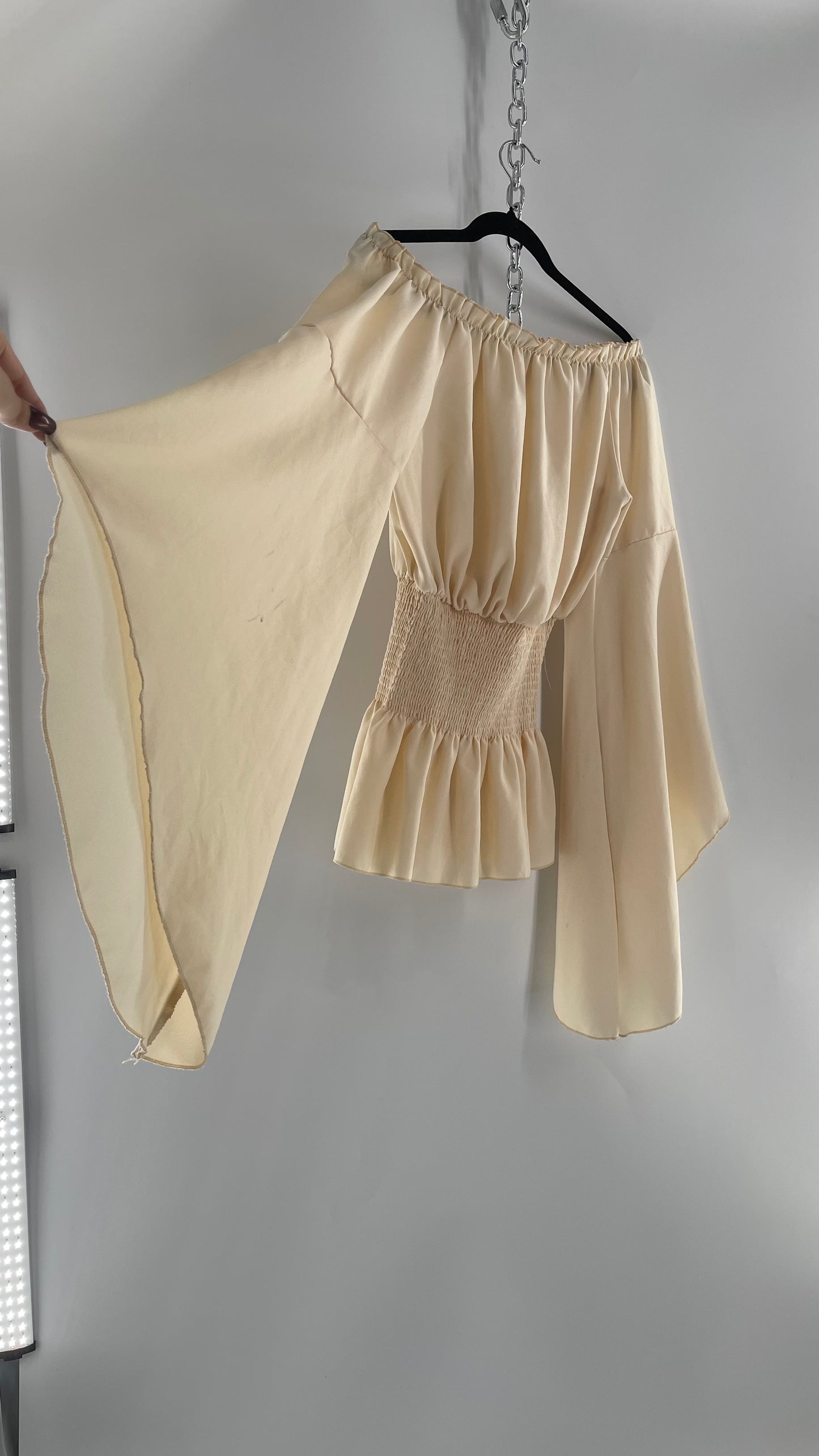 Vintage Off White Smocked Waist Bell Sleeve Wanderlust Blouse(S/M)