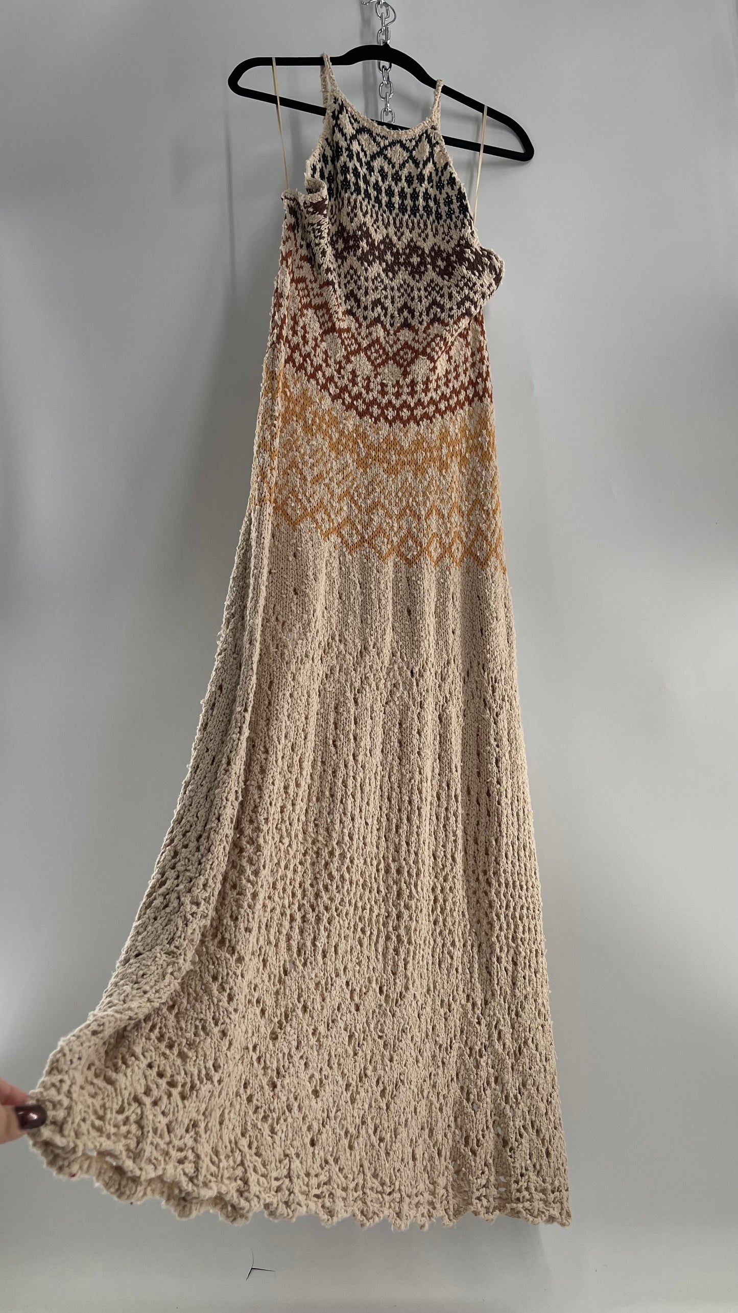 Free People Beige Ikat Oasis Knit Halter Maxi Dress (Small)