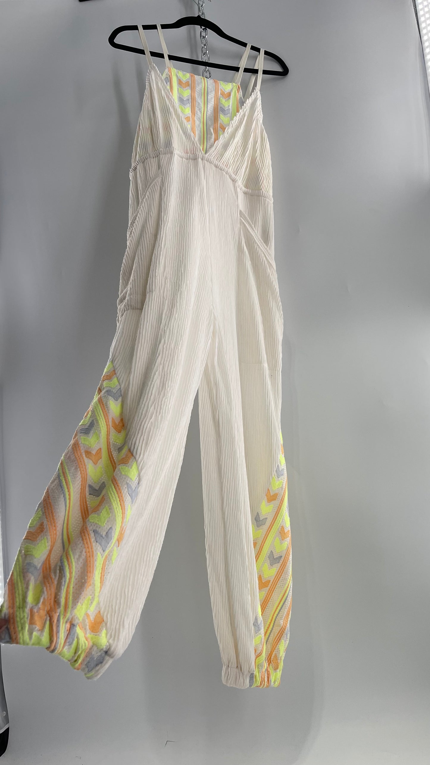 Free People Movement Cream Ribbed Jumpsuit with Yellow/Orange Embroidered Details and Waist Cinching Drawstring (Small)