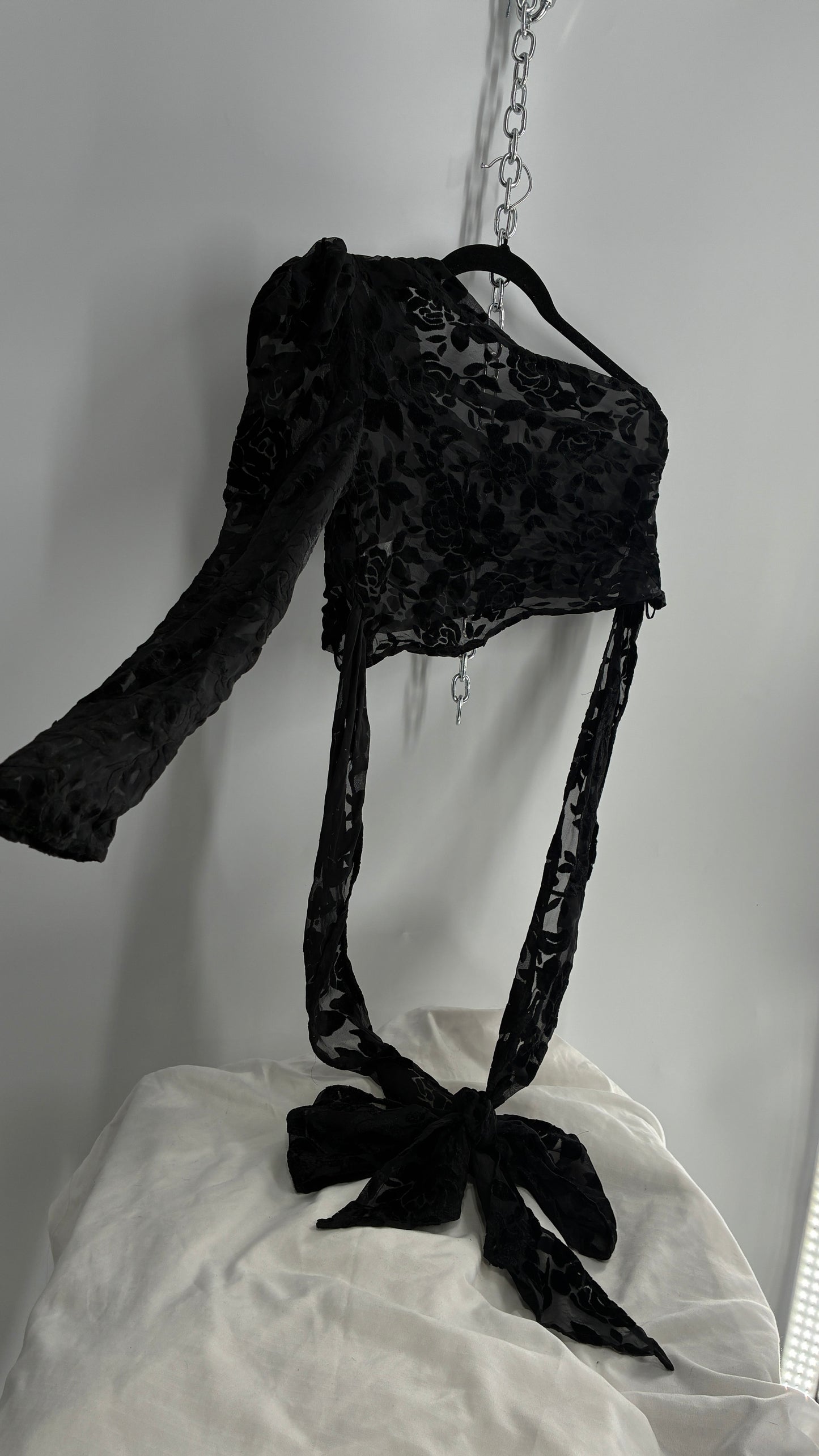 LIONESS Black Sheer Velvet Burn Out One Sleeve Tie Waist Blouse (XS)