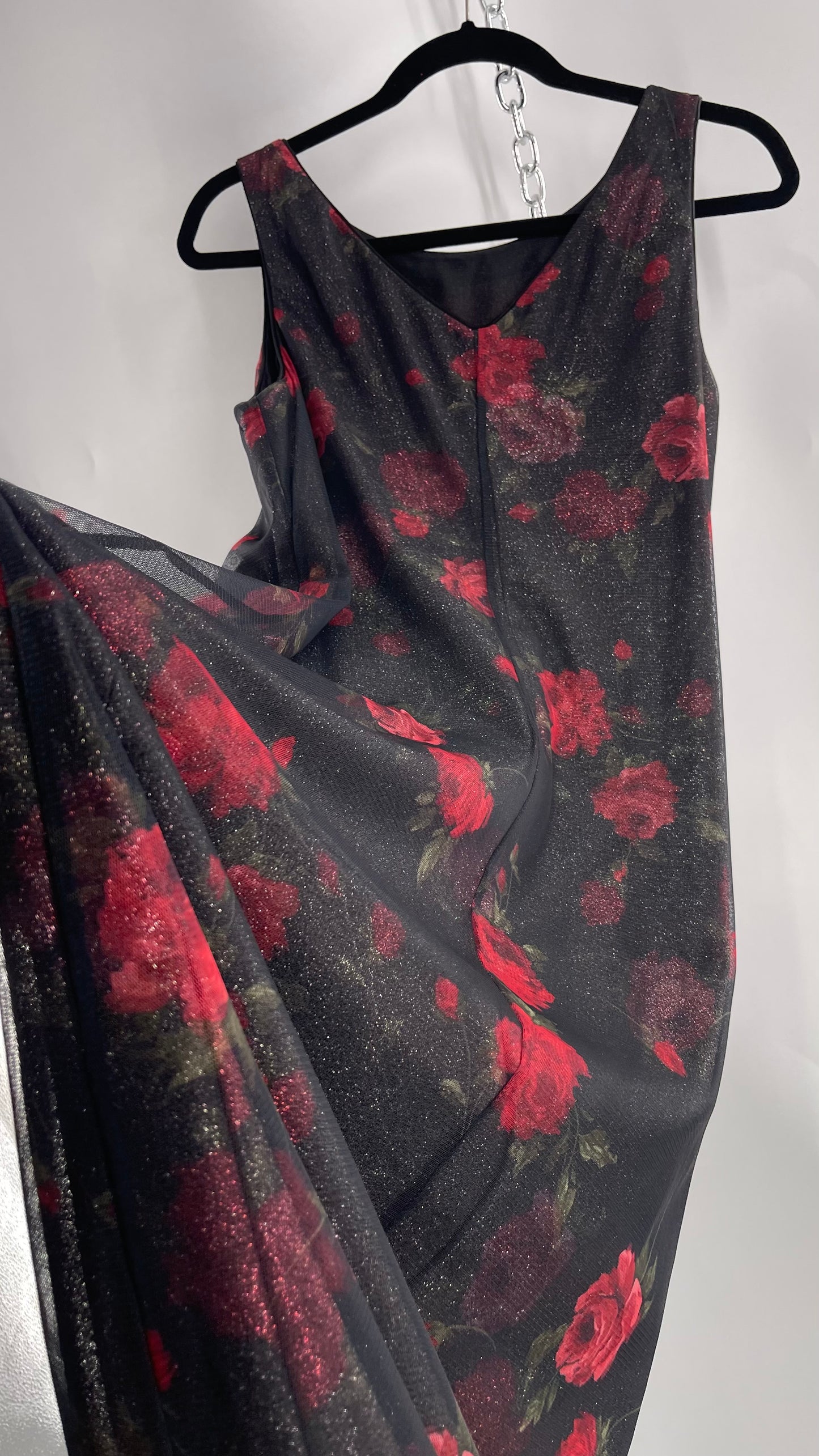 Vintage TEDDI EVENING Dress with Red Rose Layer Over Glitter Graphic and Black Base Layer (10)