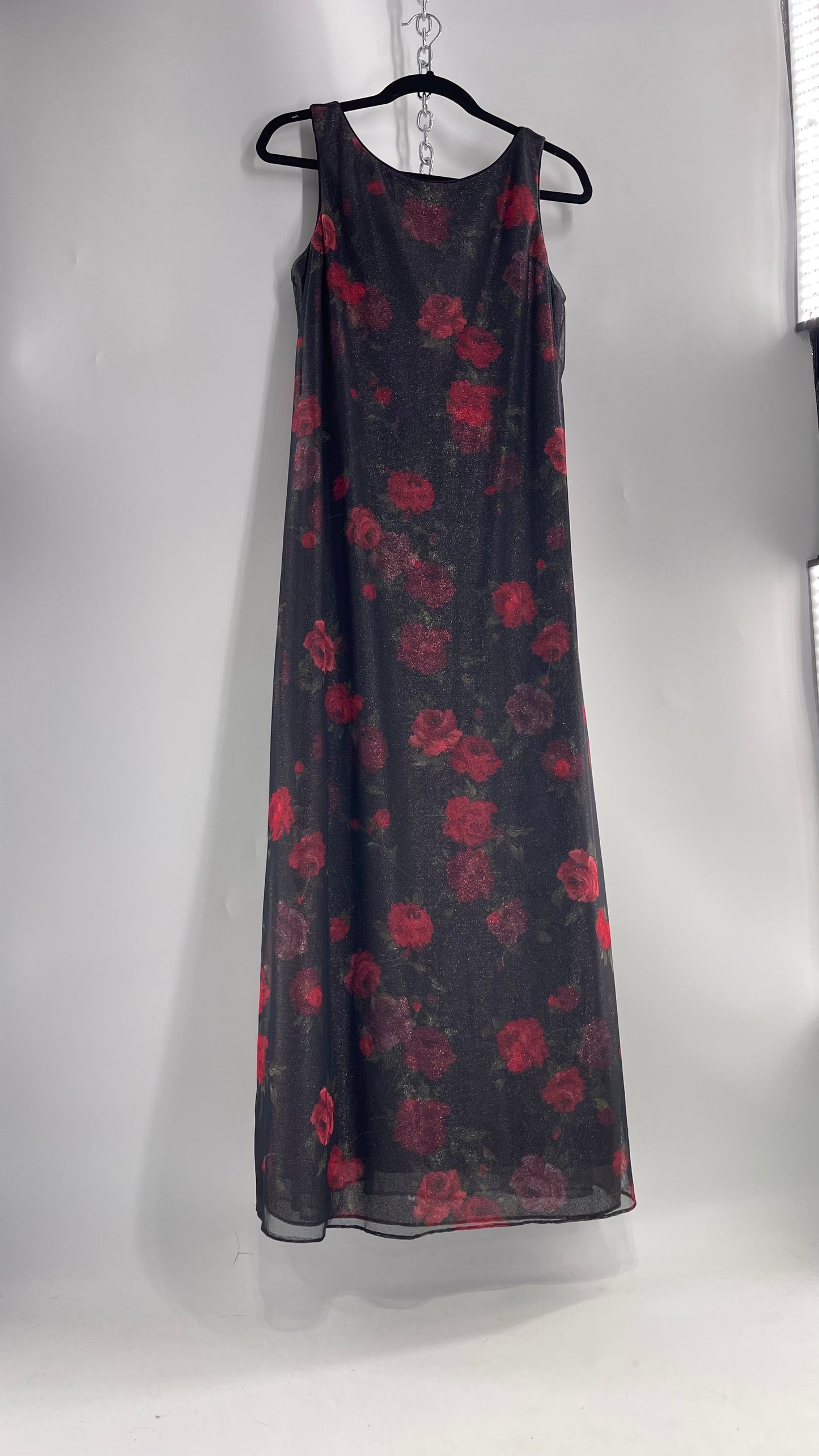 Vintage TEDDI EVENING Dress with Red Rose Layer Over Glitter Graphic and Black Base Layer (10)