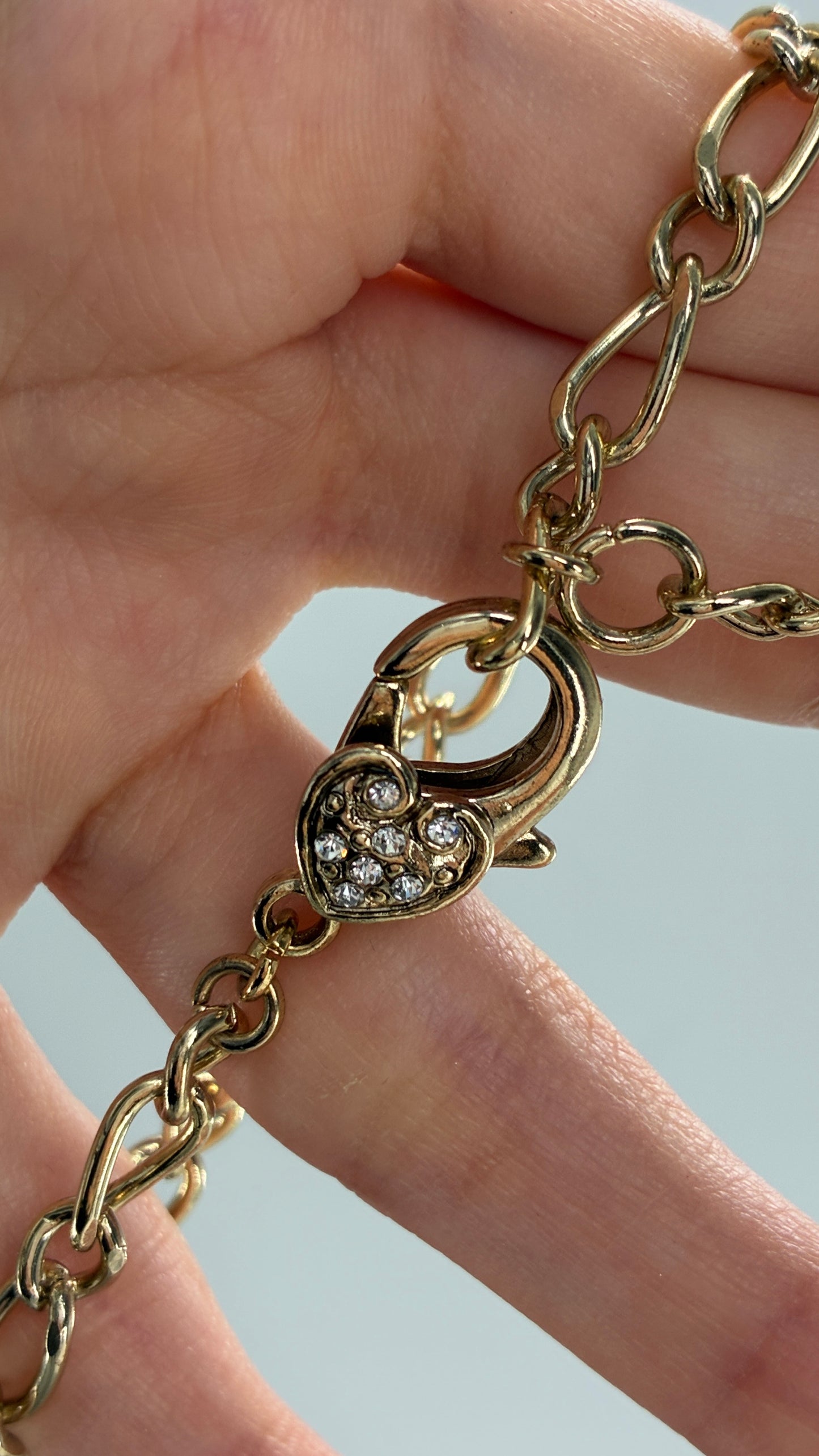 Gold Link Bracelet with Rhinestone Encrusted Heart Clasp