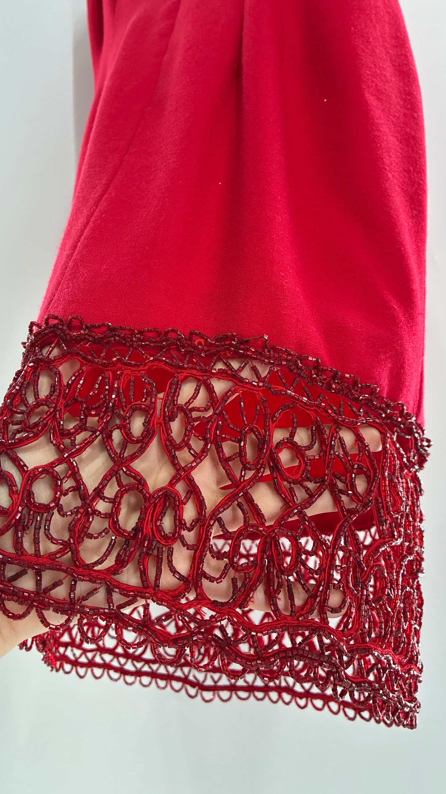 Vintage CARMEN MARC VALVO Red 100% Fitted, Tailored Wool Dress with Beaded Hem and Neckline (6)