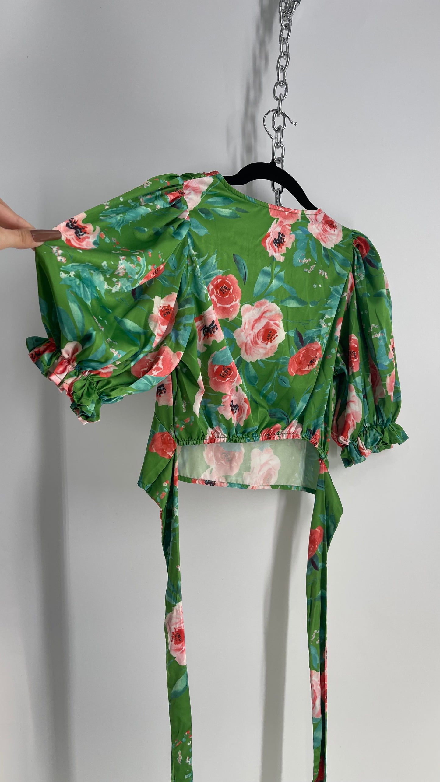 OPI Green Floral Puff Sleeve Open Tie Back Blouse (small)